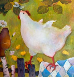 Quadrato "Pollo a caccia", arte naif