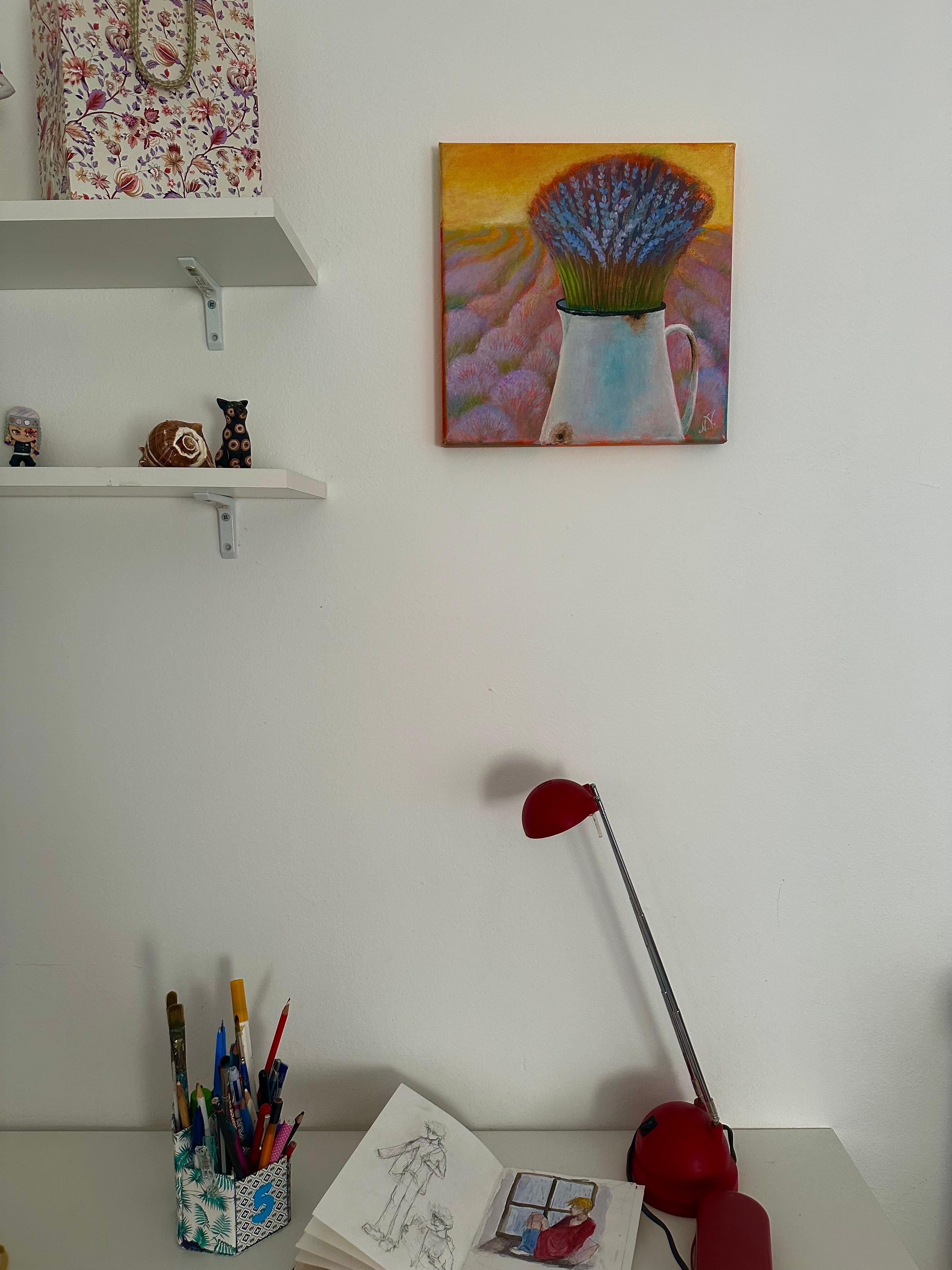 Lavender at sunset . Semi-abstract impressionistic acrylic paint For Sale 1