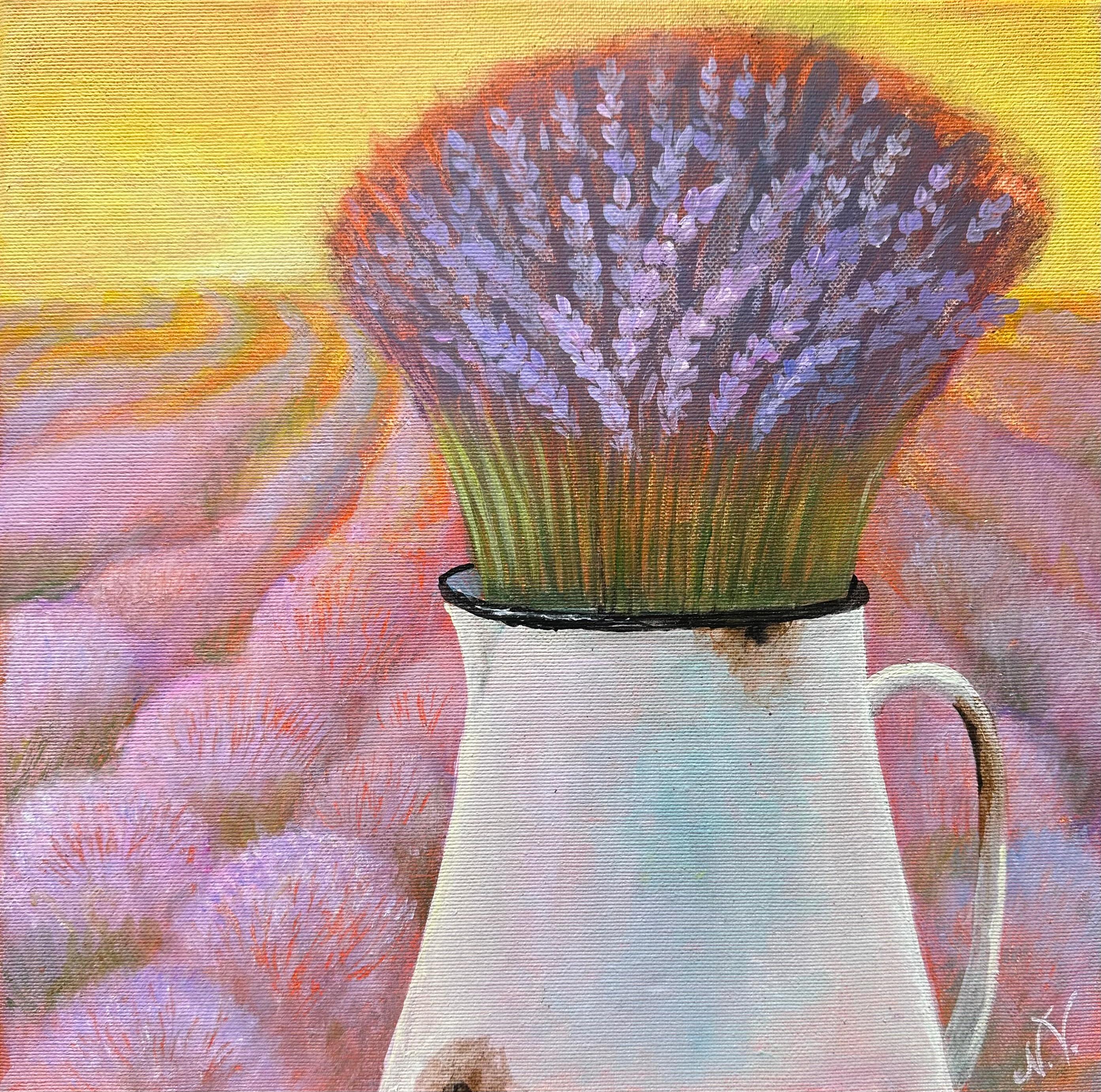 Lavande au coucher du soleil . Peinture acrylique impressionniste semi-abstraite