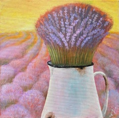 Lavanda al tramonto . Pittura acrilica impressionistica semi-astratta