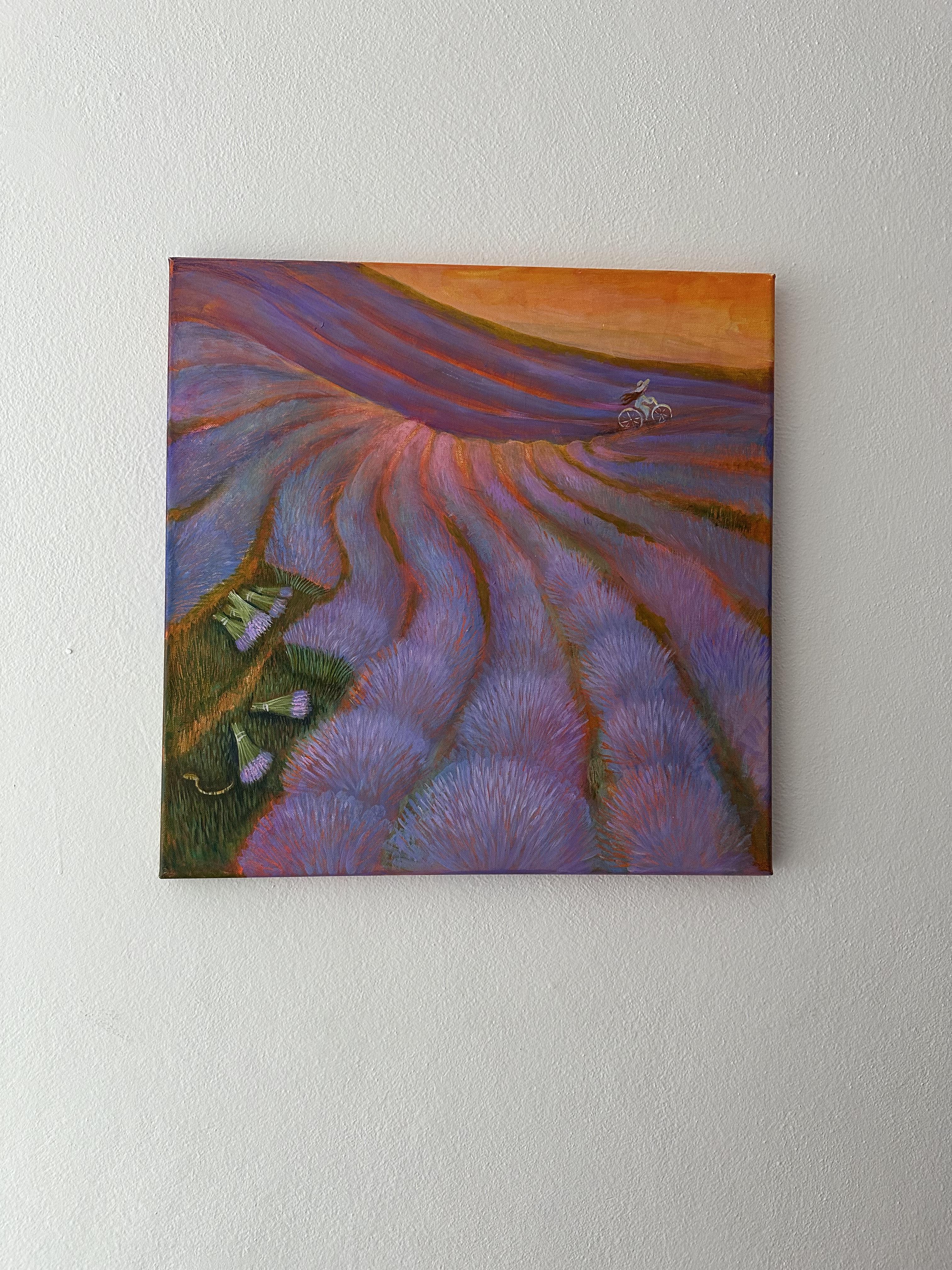 Brise de lavande paysage, botanique, art naïf - Gris Landscape Painting par Natasha Villone