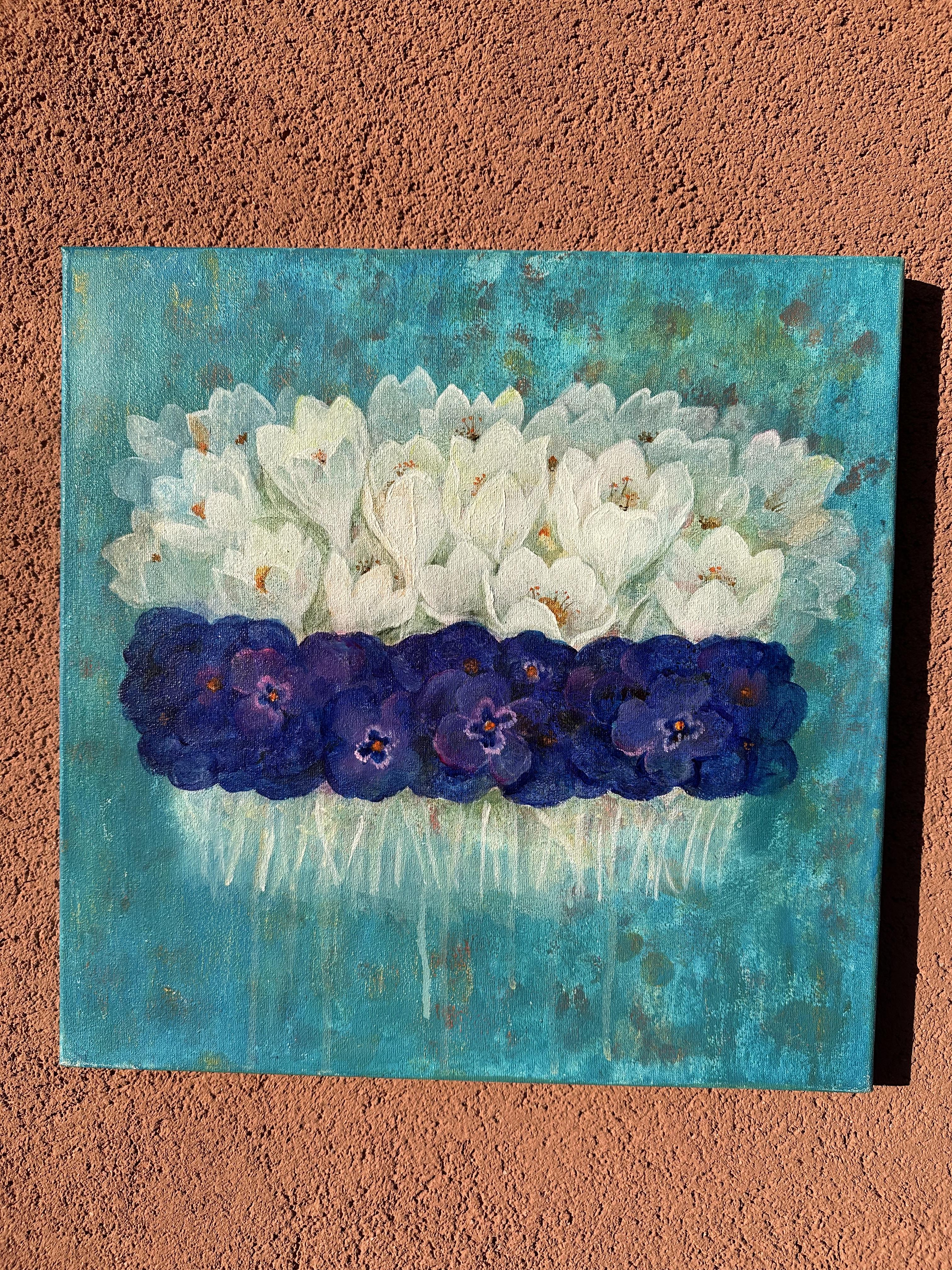 La primavera è arrivata. Originale  pittura floreale . Piccolo .Quadrato.Acrilico su tela in vendita 5