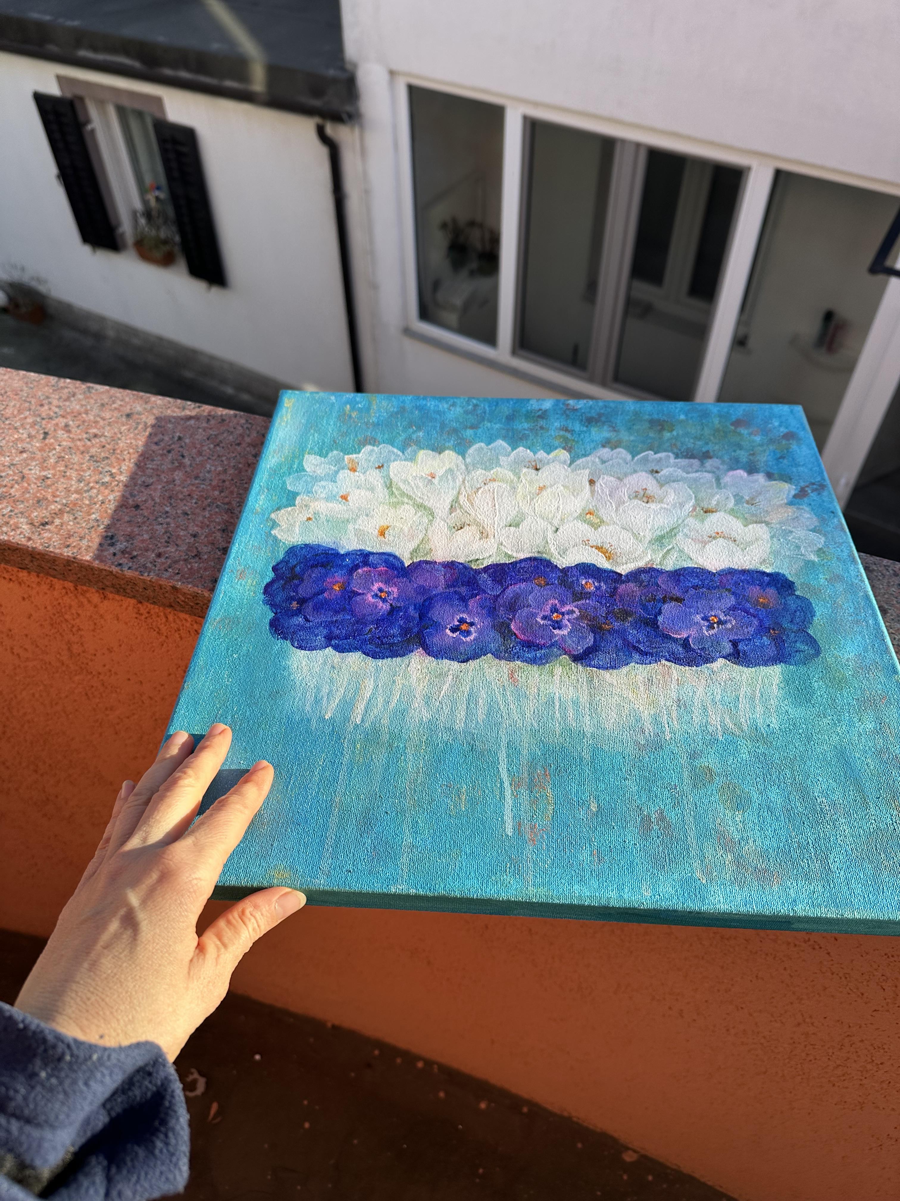 La primavera è arrivata. Originale  pittura floreale . Piccolo .Quadrato.Acrilico su tela in vendita 6