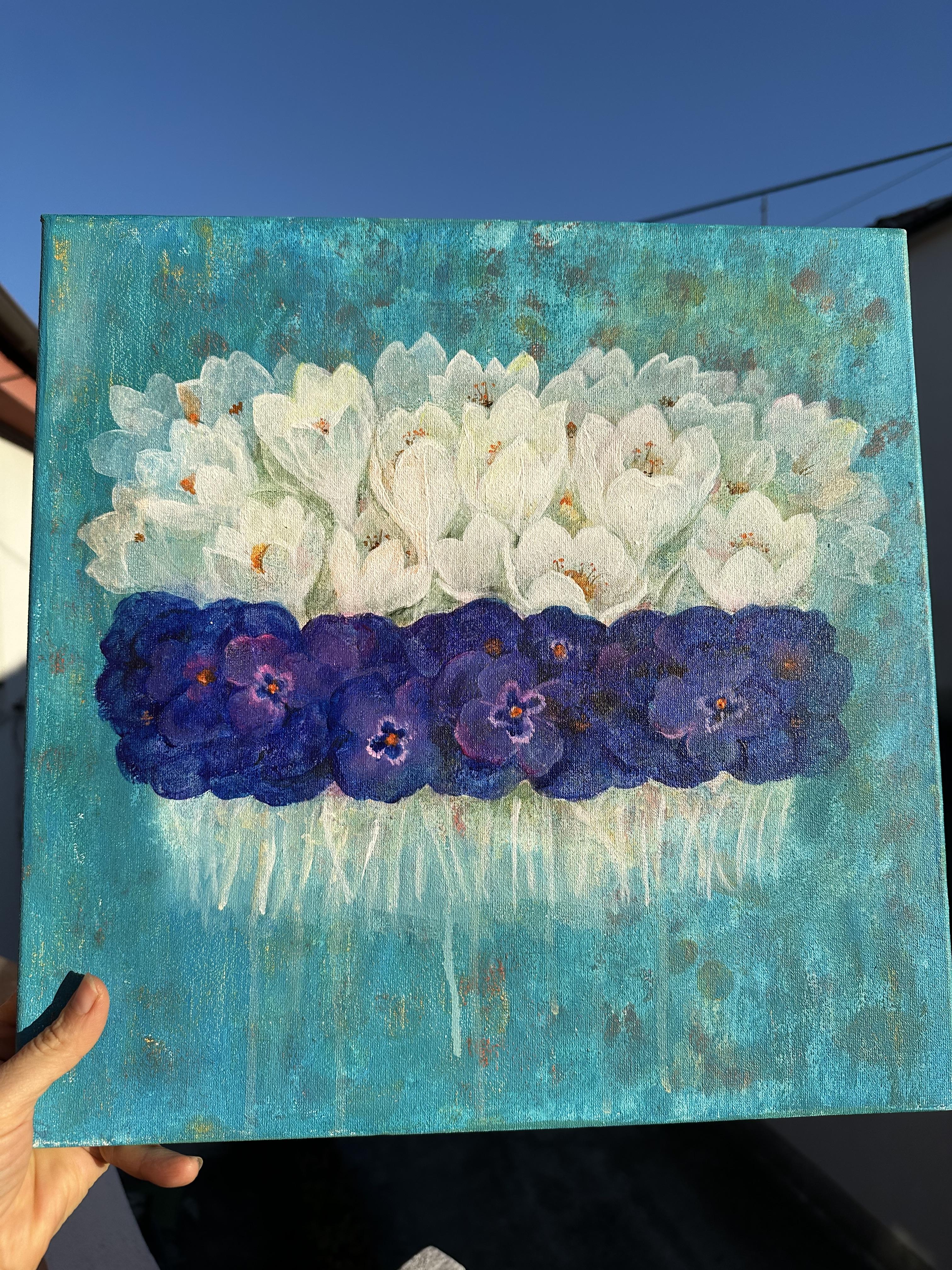 La primavera è arrivata. Originale  pittura floreale . Piccolo .Quadrato.Acrilico su tela in vendita 8