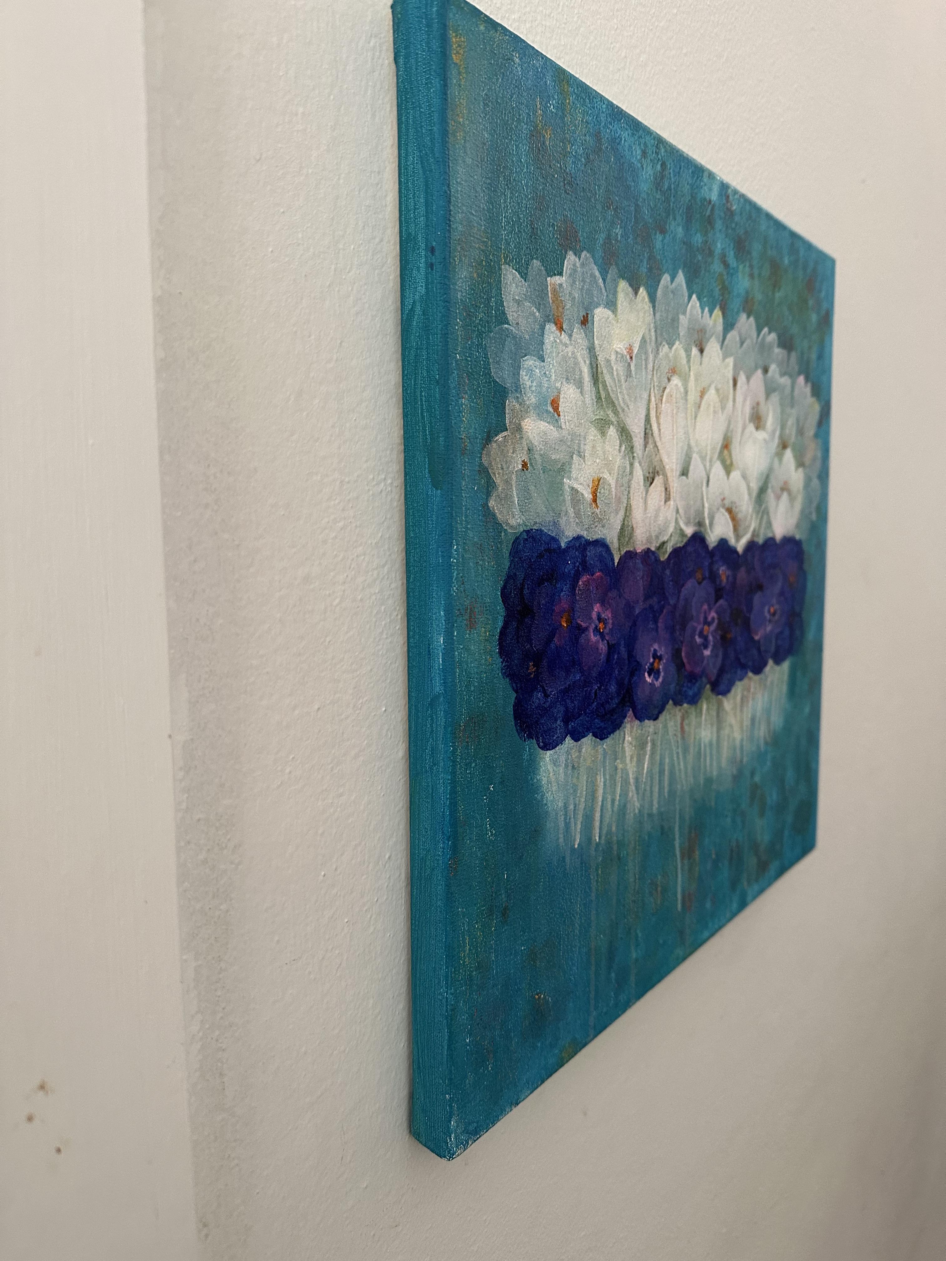 La primavera è arrivata. Originale  pittura floreale . Piccolo .Quadrato.Acrilico su tela in vendita 1