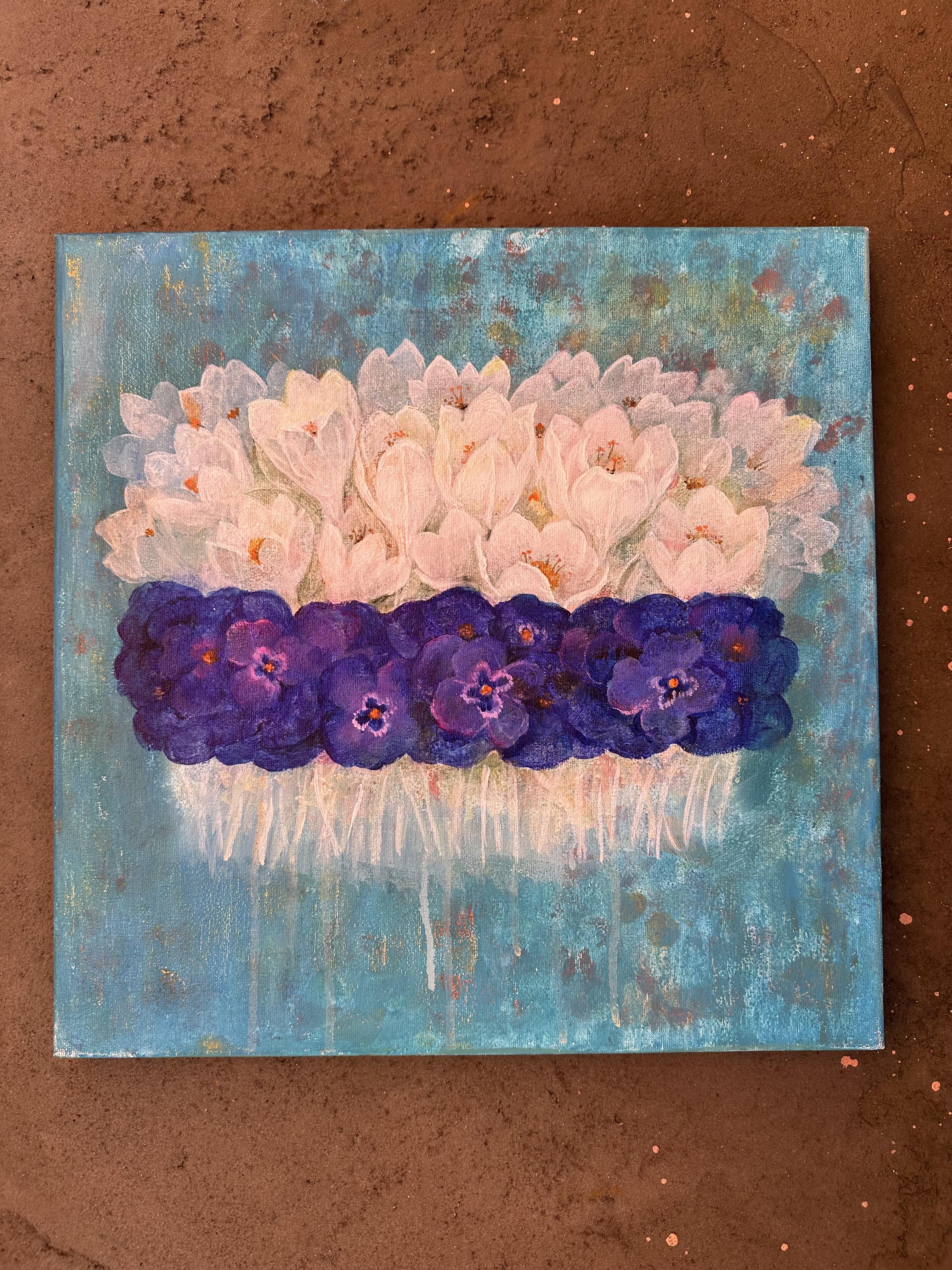 La primavera è arrivata. Originale  pittura floreale . Piccolo .Quadrato.Acrilico su tela in vendita 3