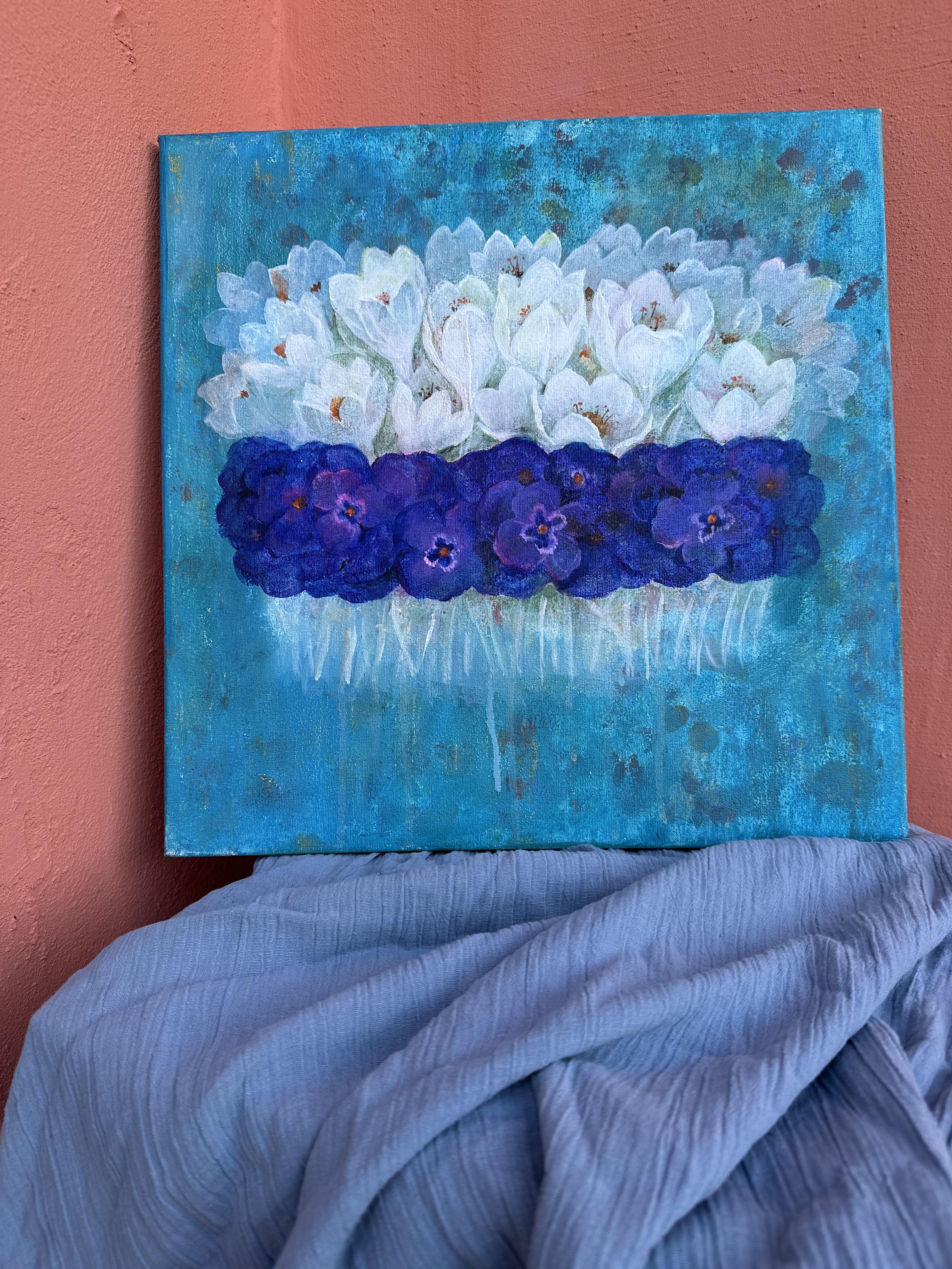 La primavera è arrivata. Originale  pittura floreale . Piccolo .Quadrato.Acrilico su tela in vendita 4