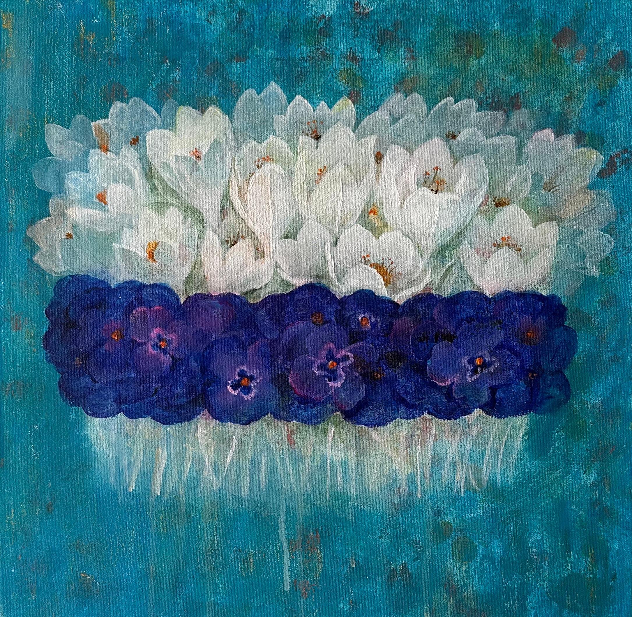 Abstract Painting di Natasha Villone - La primavera è arrivata. Originale  pittura floreale . Piccolo .Quadrato.Acrilico su tela