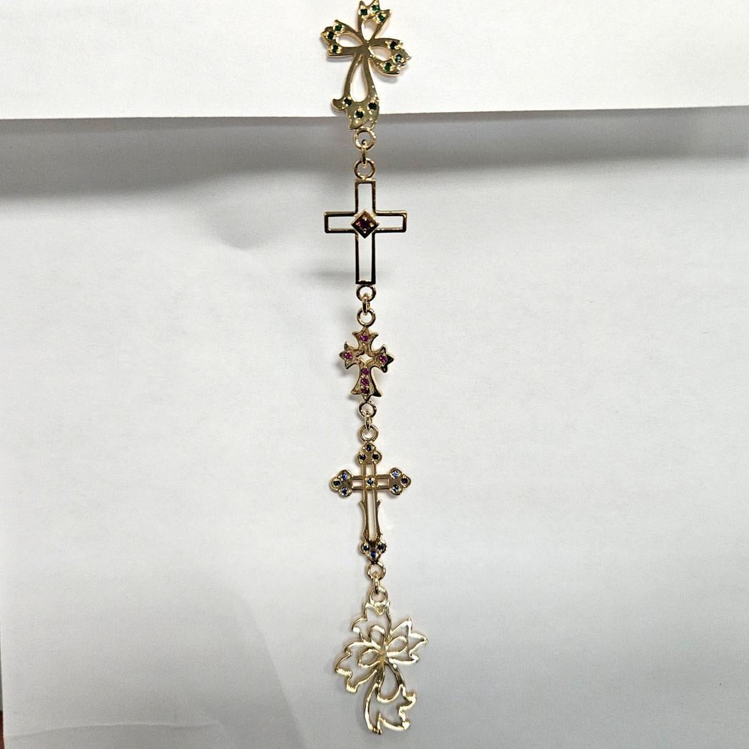 Modernist Natasha Zinko 18K Yellow Gold Multi-Gem Long Cross Link Single Earring For Sale