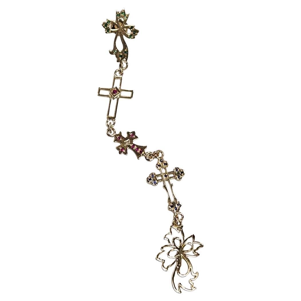 Natasha Zinko 18K Yellow Gold Multi-Gem Long Cross Link Single Earring For Sale