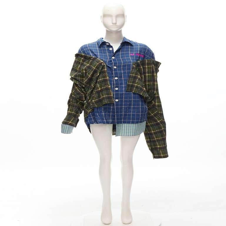 NATASHA ZINKO pink logo blue green trio deconstructed grunge plaid shirt FR34 XS For Sale 6