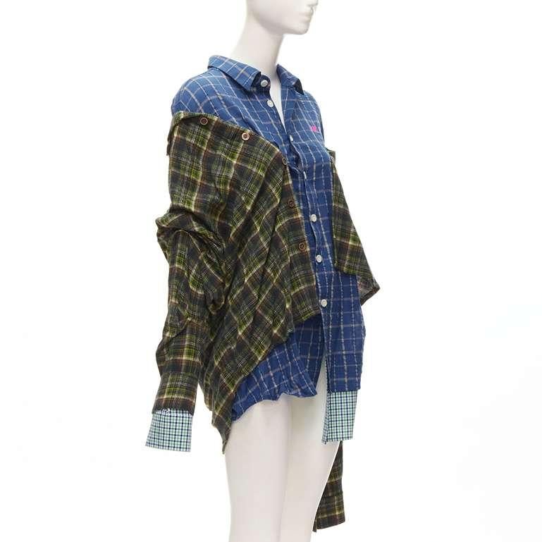 Black NATASHA ZINKO pink logo blue green trio deconstructed grunge plaid shirt FR34 XS For Sale