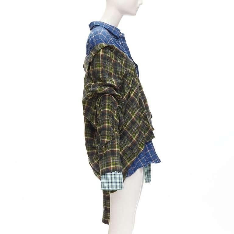 NATASHA ZINKO pink logo blue green trio deconstructed grunge plaid shirt FR34 XS In Excellent Condition For Sale In Hong Kong, NT