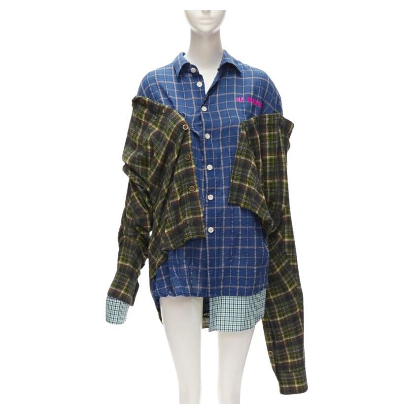 NATASHA ZINKO Rosa Logo Blau Grün Trio dekonstruiertes grungefarbenes kariertes Hemd FR34 XS im Angebot