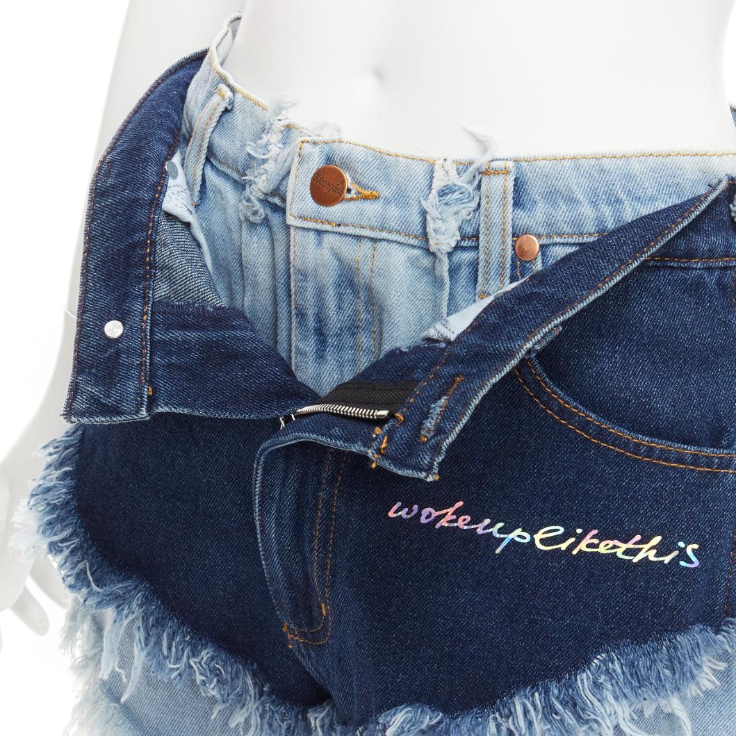 NATASHA ZINKO WRANGLER dekonstruierte geschichtete doppelreihige Shorts aus Denim mit ausgefranstem Denim FR34 XS im Angebot 2