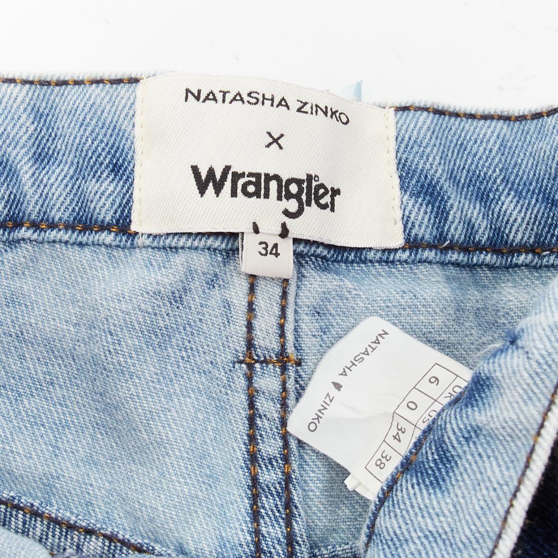 NATASHA ZINKO WRANGLER dekonstruierte geschichtete doppelreihige Shorts aus Denim mit ausgefranstem Denim FR34 XS im Angebot 3