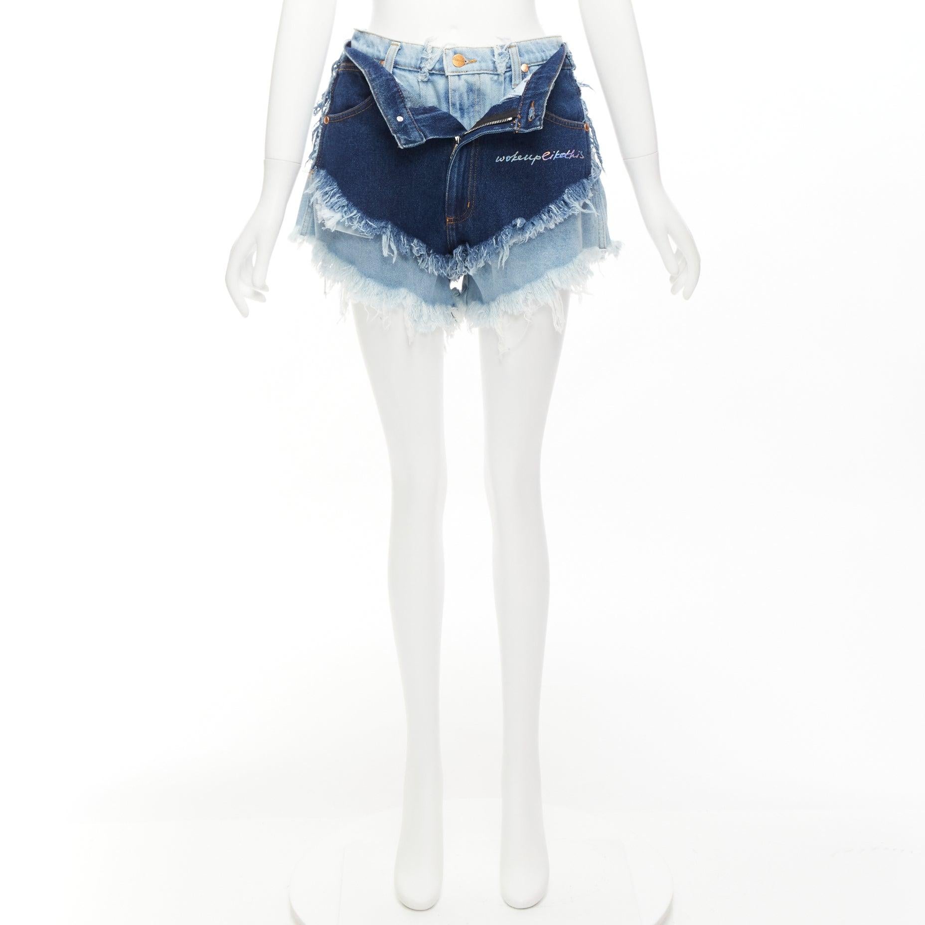 NATASHA ZINKO WRANGLER dekonstruierte geschichtete doppelreihige Shorts aus Denim mit ausgefranstem Denim FR34 XS im Angebot 4