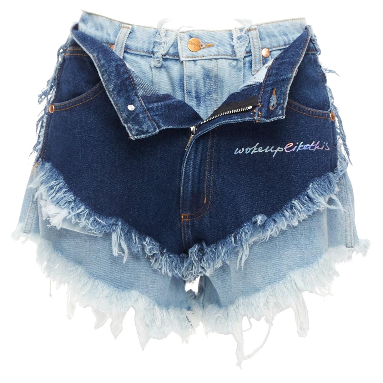 NATASHA ZINKO WRANGLER deconstructed layered double denim frayed shorts FR34 XS