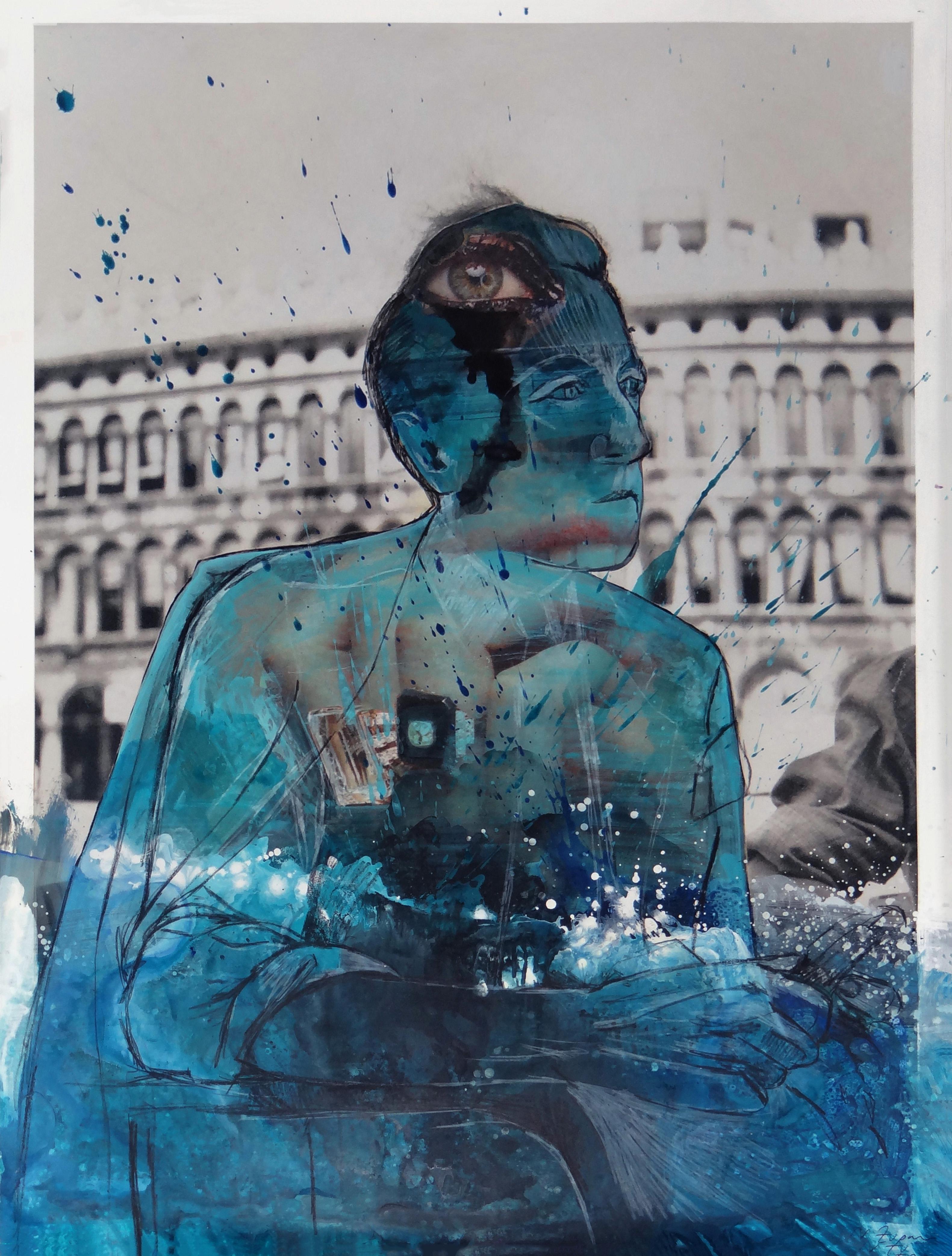 Cocteau Aqua Atla #2235. Collage de fotos. Enmarcado - Mixed Media Art Contemporáneo de Natasha Zupan