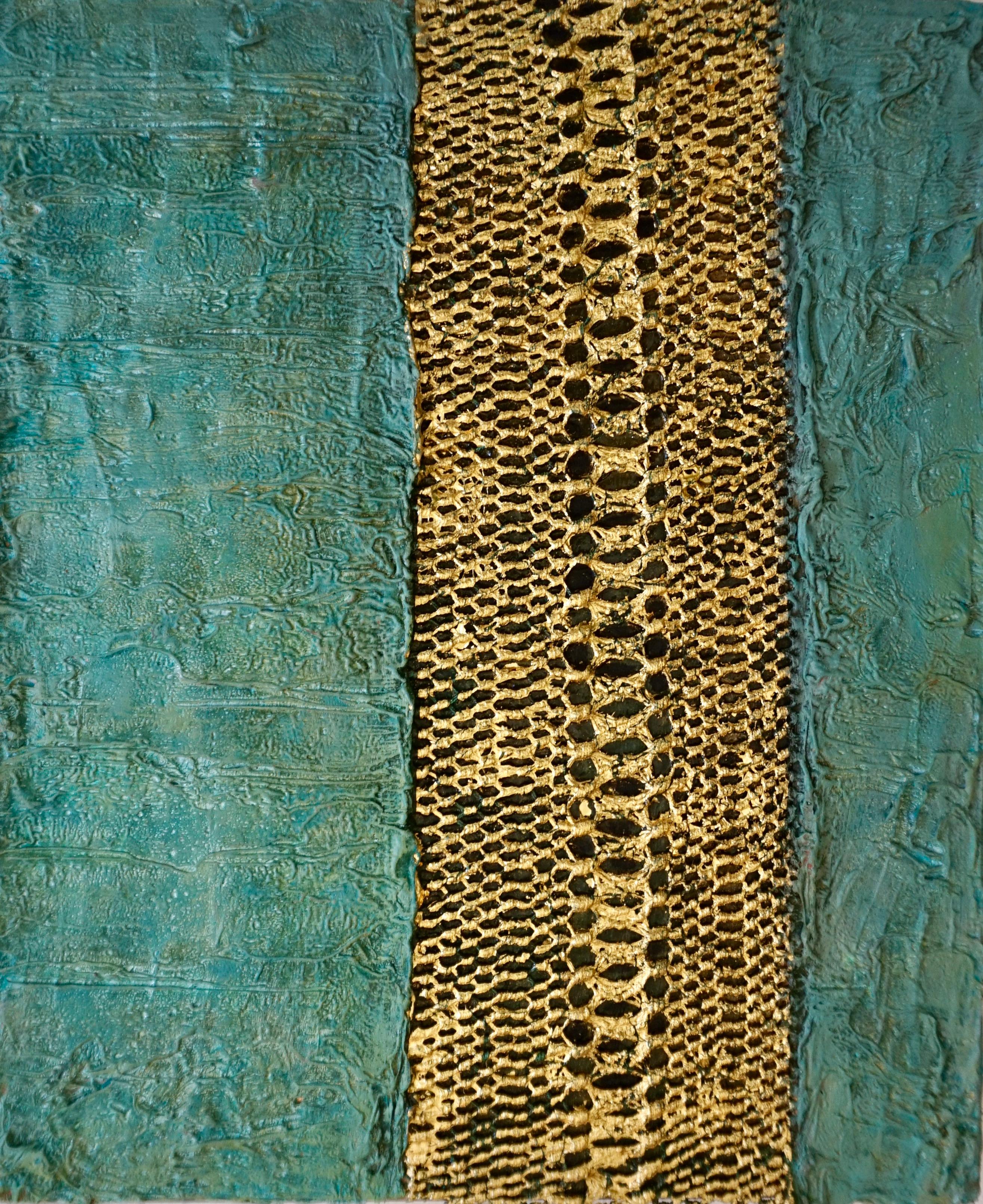 Tactile memory #120. Mixed Media: Manton de manilla silk knots, 24K gold on wood