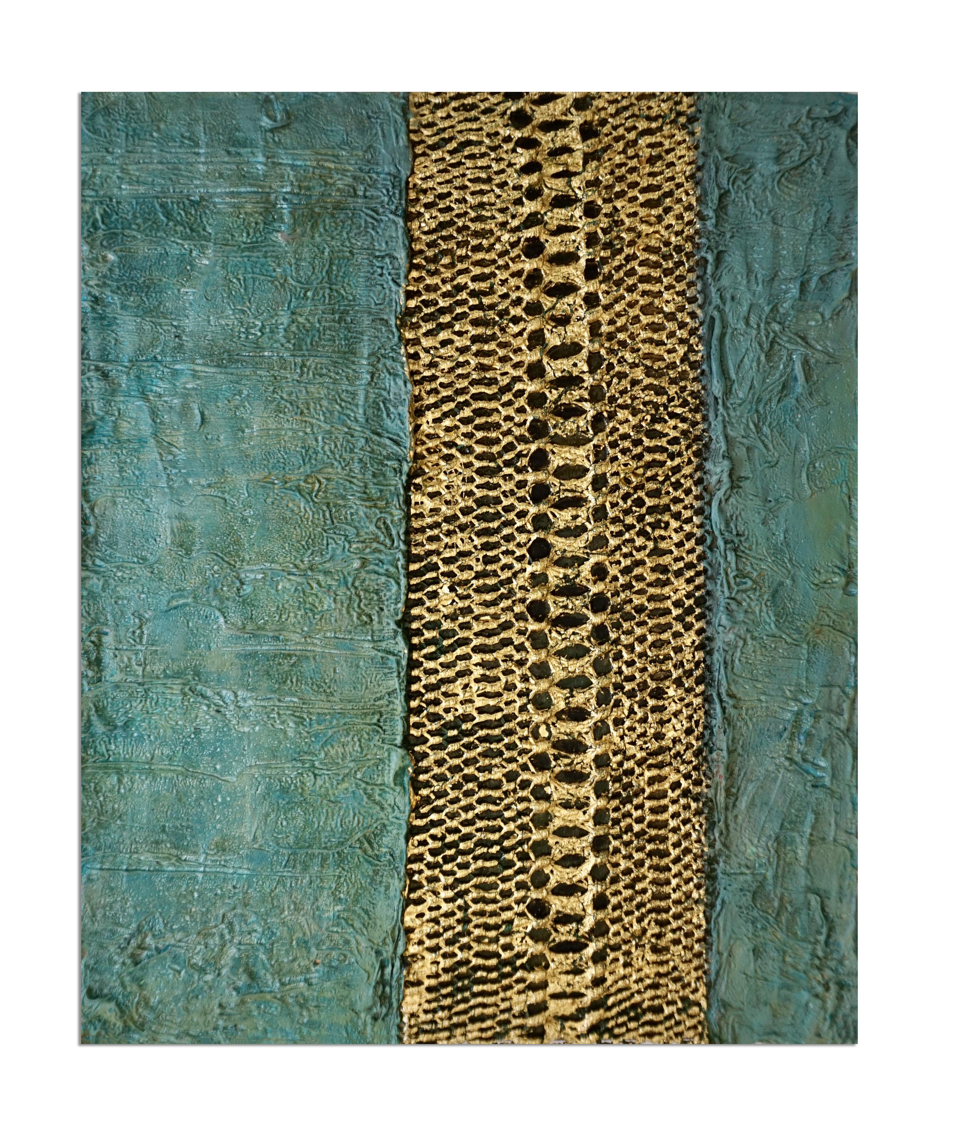 Tactile memory #120. Mixed Media: Manton de manilla silk knots, 24K gold on wood - Painting by Natasha Zupan