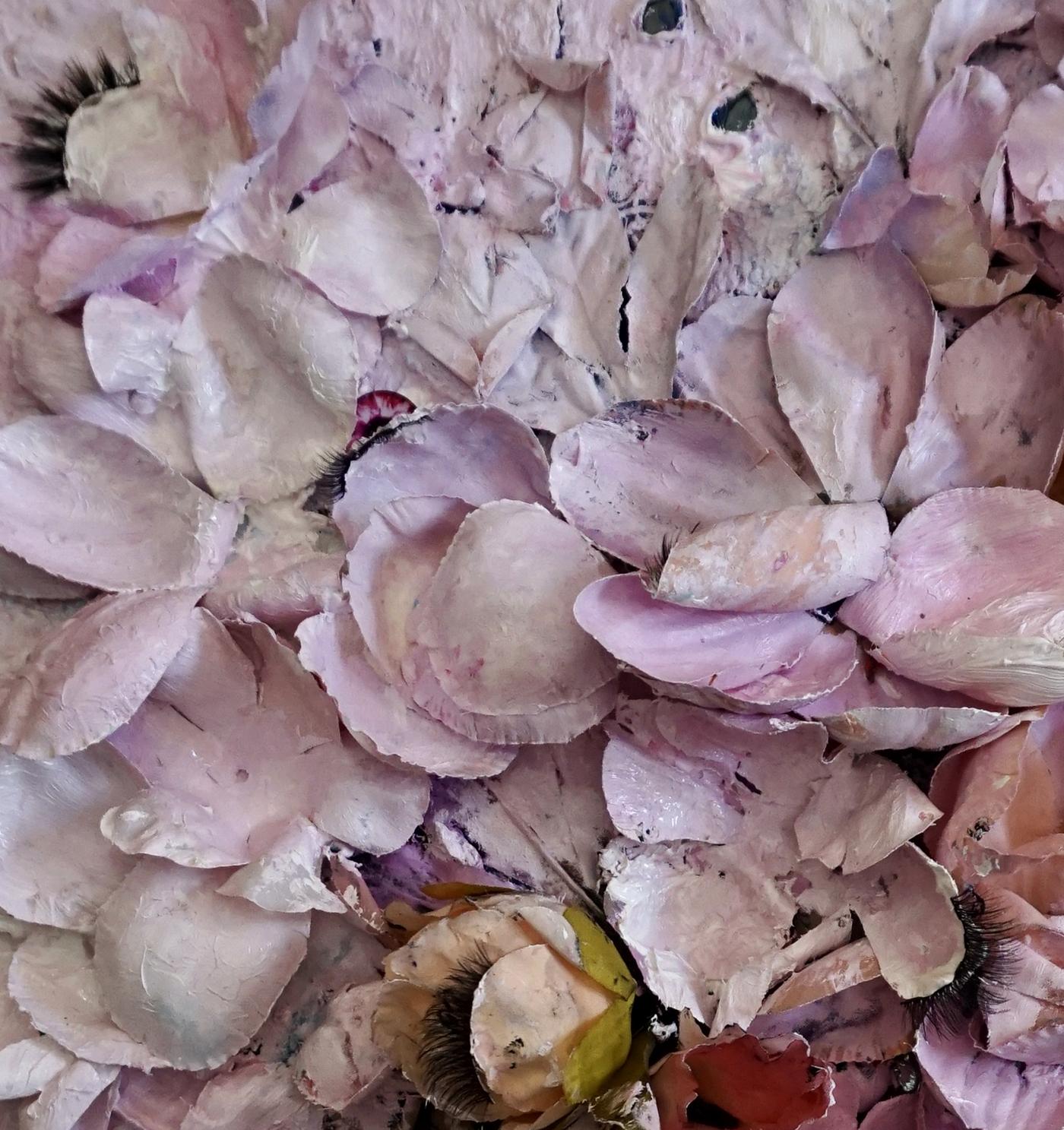 Tactile memory #122. Mixed Media silk petals, eyelashes, glass, acrylic on Wood - Contemporary Painting by Natasha Zupan