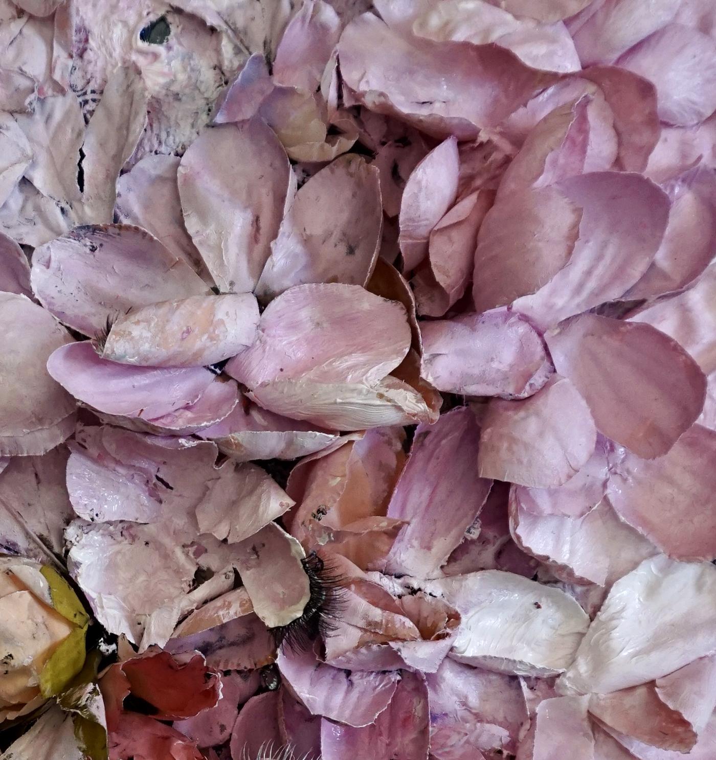 Tactile memory #122. Mixed Media silk petals, eyelashes, glass, acrylic on Wood - Brown Abstract Painting by Natasha Zupan