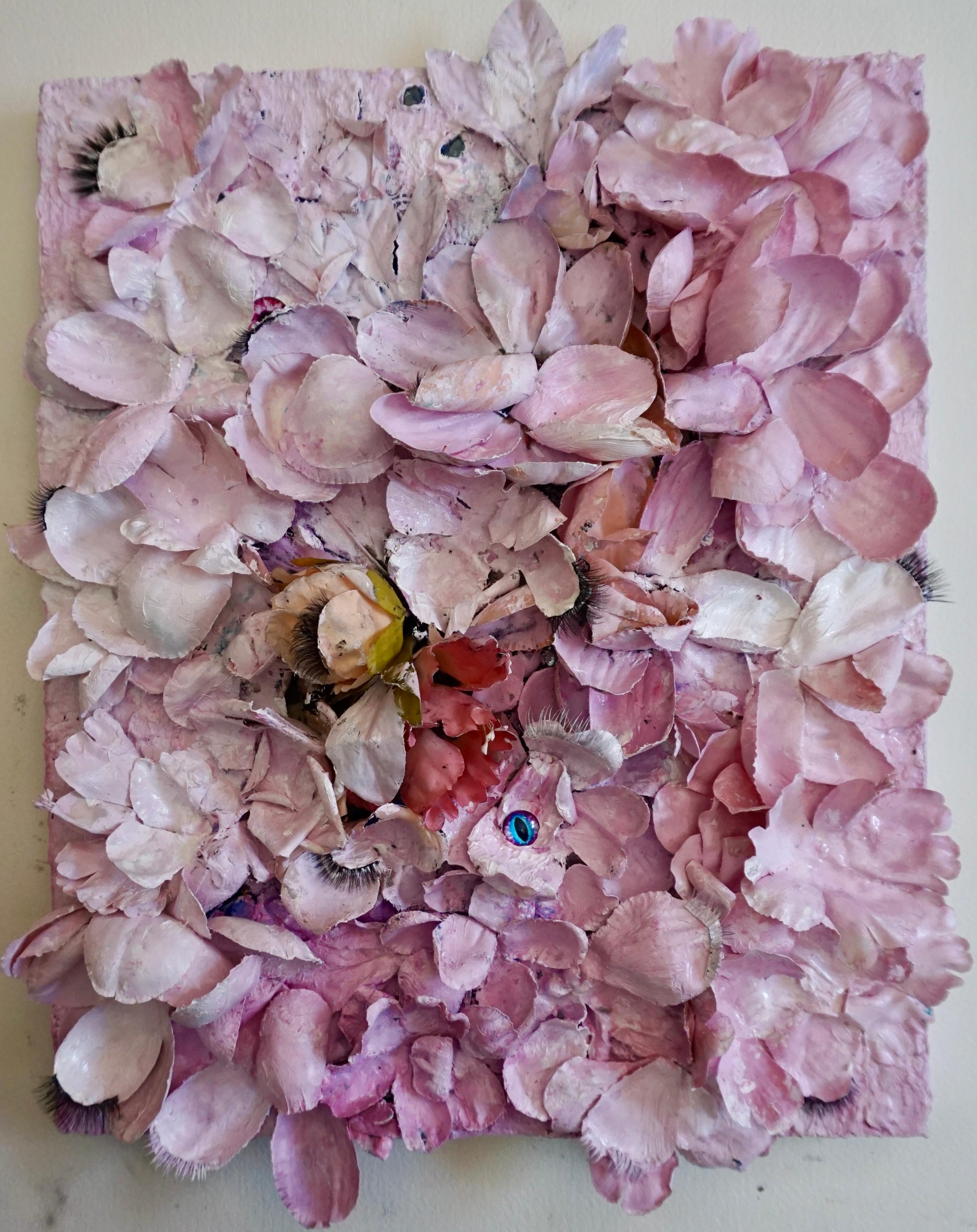 Tactile memory #122. Mixed Media silk petals, eyelashes, glass, acrylic on Wood