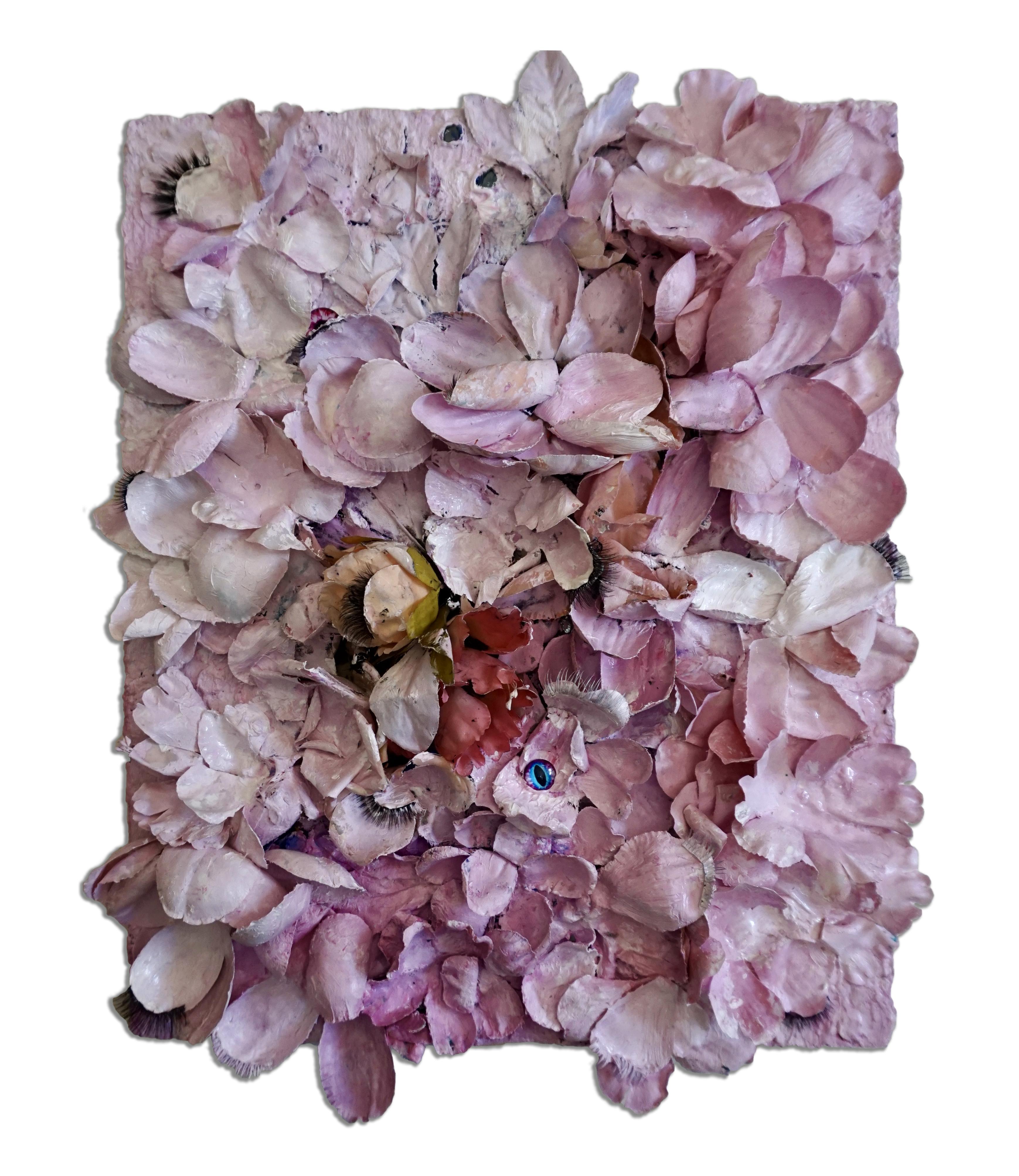 Tactile memory #122. Mixed Media silk petals, eyelashes, glass, acrylic on Wood - Painting by Natasha Zupan