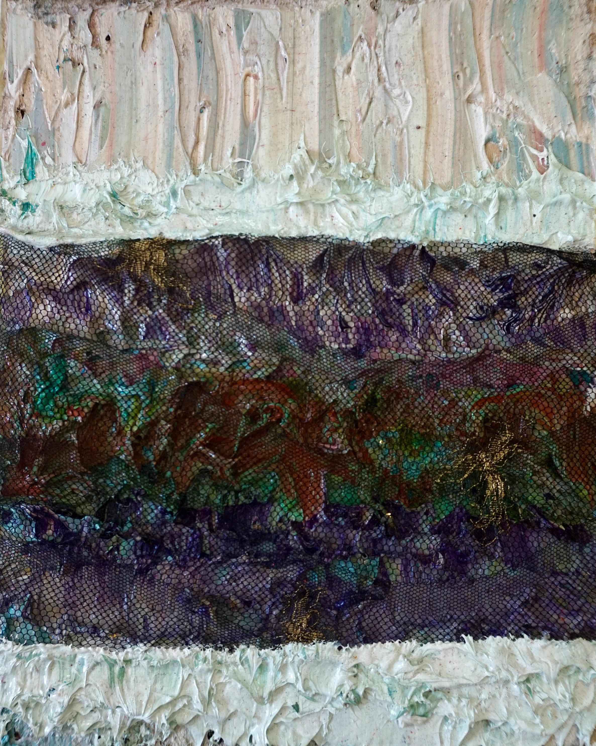 Tactile memory #128. Mixed media oil, acrylic, and lace on Canvas