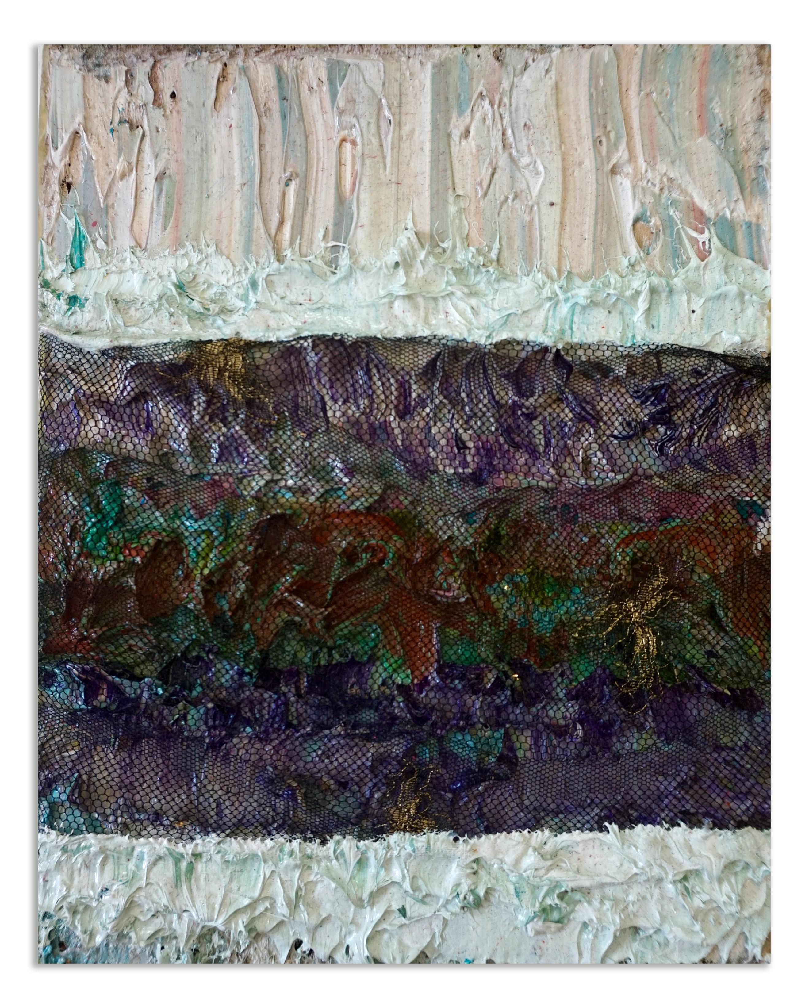 Tactile memory #128. Mixed media abstract painting, acrylic, and lace on canvas - Painting by Natasha Zupan