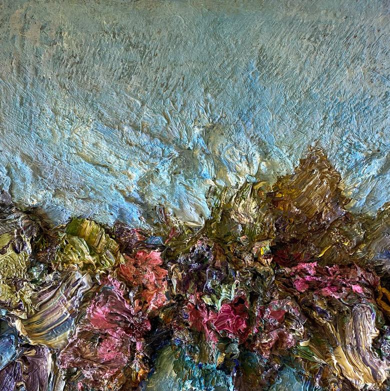 Color Alchemy #53 Oil, fabric, medium, on wood painting - Contemporary Painting by Natasha Zupan