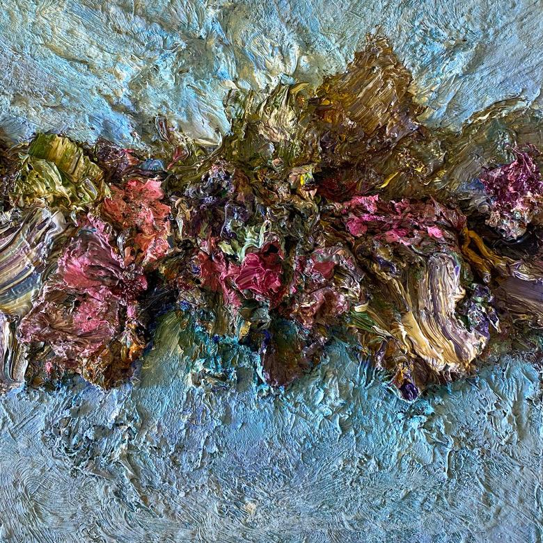 Color Alchemy #53 Oil, fabric, medium, on wood painting - Brown Abstract Painting by Natasha Zupan