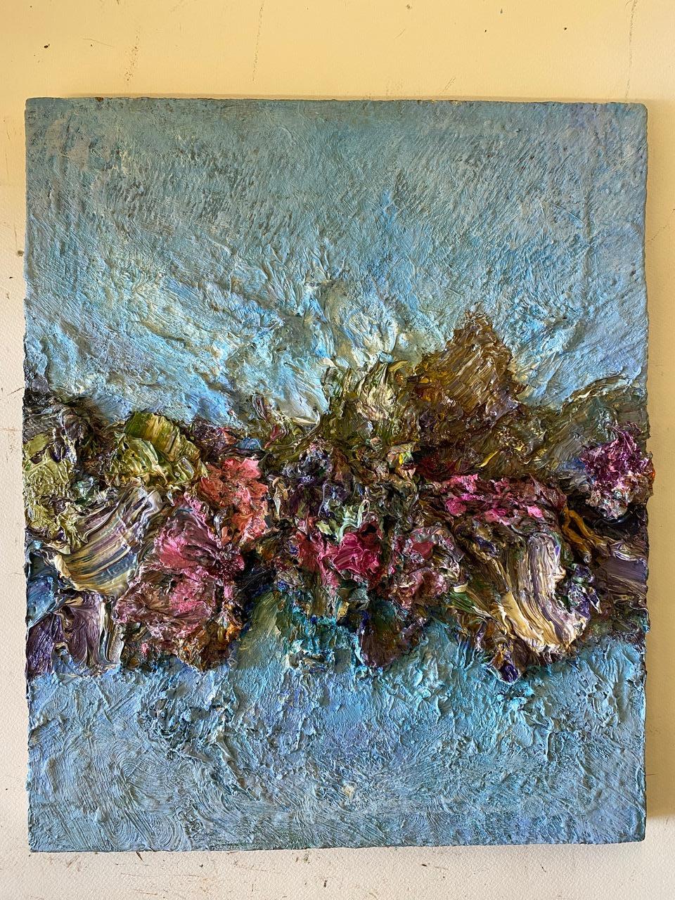 Color Alchemy #53 Oil, fabric, medium, on wood painting - Painting by Natasha Zupan