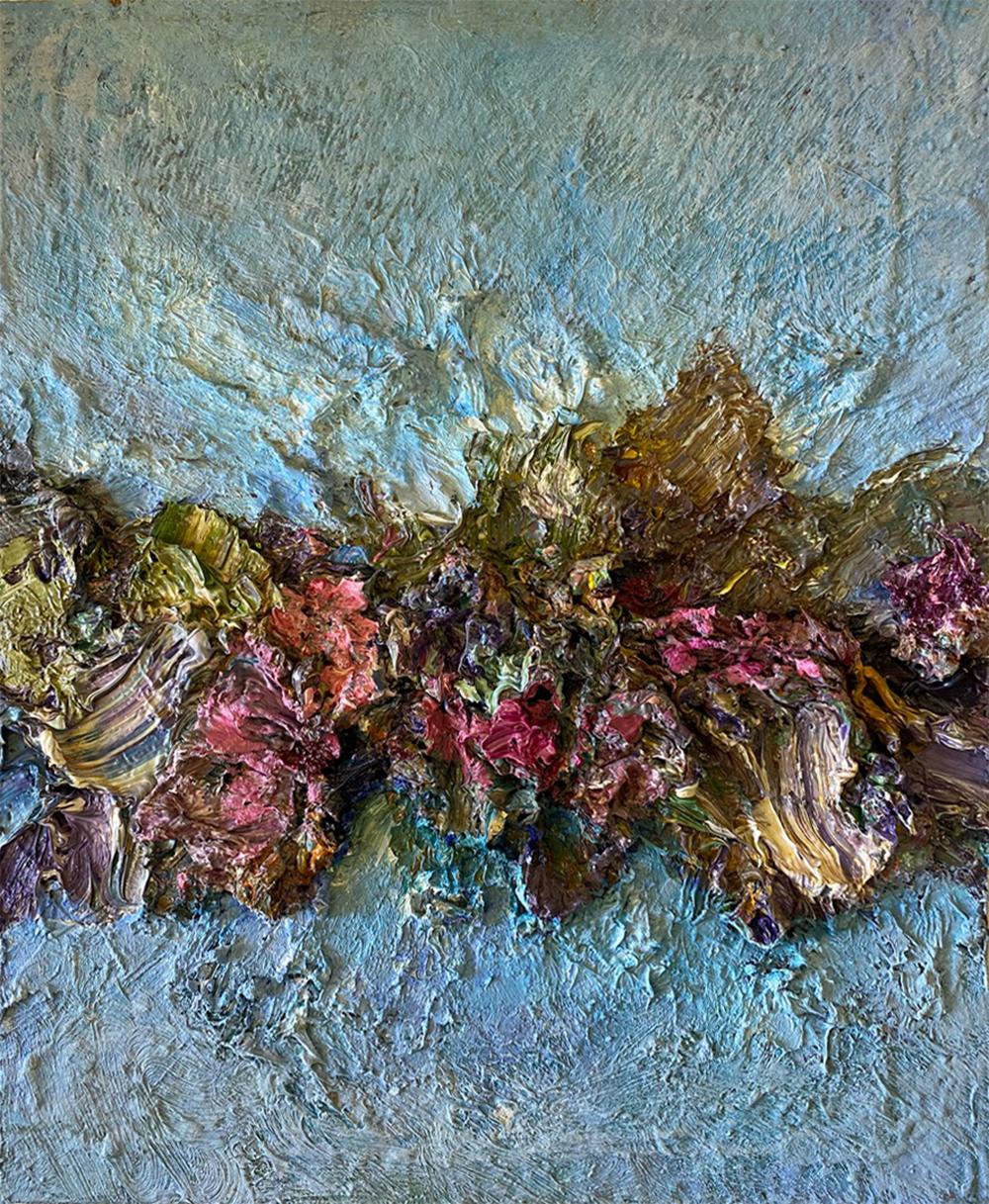 Color Alchemy #53 Oil, fabric, medium, on wood painting - Contemporary Painting by Natasha Zupan