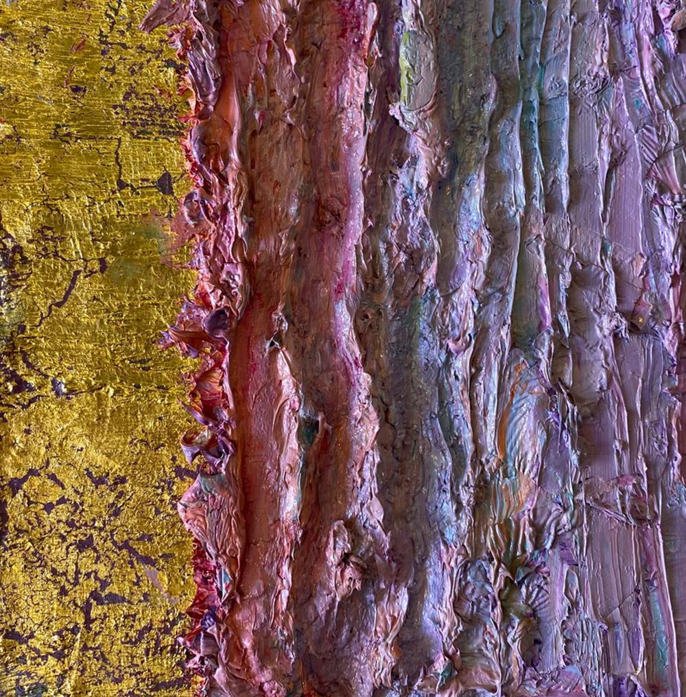 Color Boundaries #35, 2018 by Natasha Zupan
From the series Color Boundaries
Oil, fabric, medium, gold, on canvas 
Size: 9.5 in. H x 7.5 in. W x 3 in D.
Canvas on a stretcher
Unique
____________________________________

Natasha Zupan beautifully