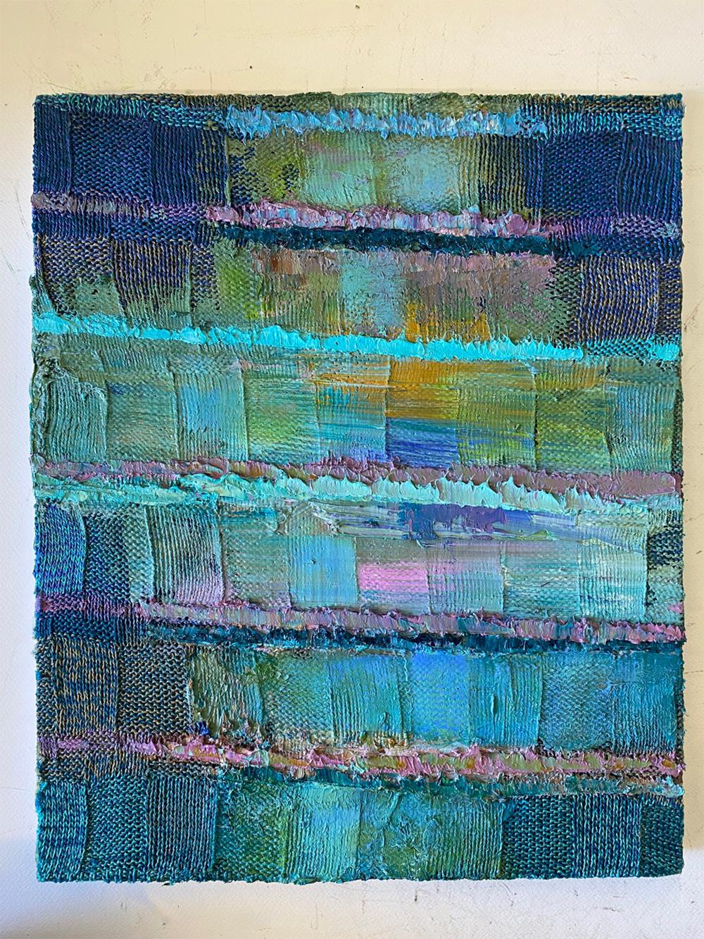 Color Boundaries #50 Abstract painting, Oil, Knit fabric on wood  - Painting by Natasha Zupan