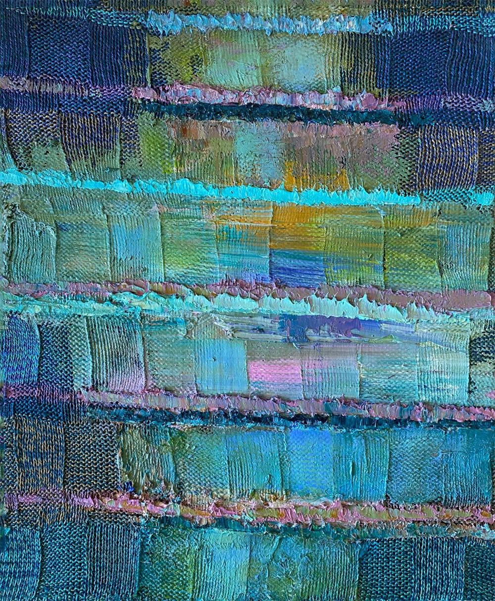Farbgrenzen #50 Abstraktes Gemälde, Öl, Strickstoff auf Holz 
