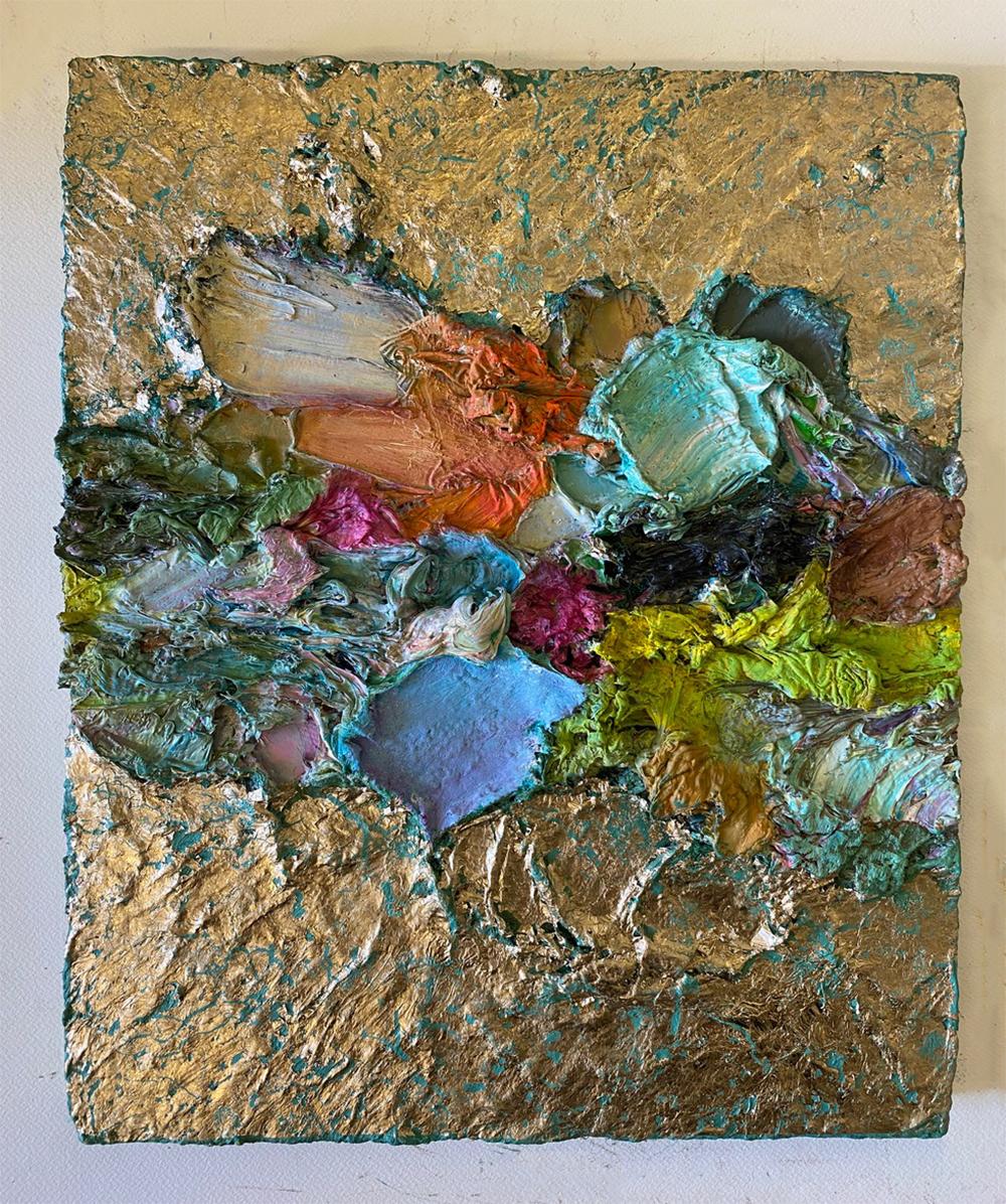 Color Derivatives #14 Abstract painting.  Oil, fabric, Gold on wood - Painting by Natasha Zupan