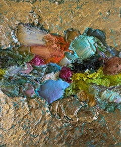 Farb-Derivatives #14 Abstraktes Gemälde.  Öl, Stoff, Gold auf Holz