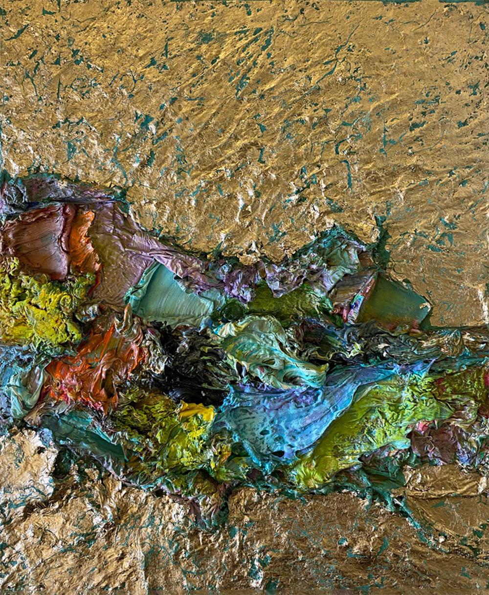 Color Derivatives #15 Abstract painting. Oil, fabric, Gold on wood