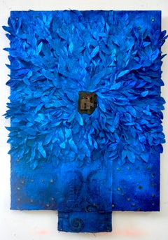 Tactile memory #140. Mixed Media, oil, acrylics, fabric and leaves. on wood, 