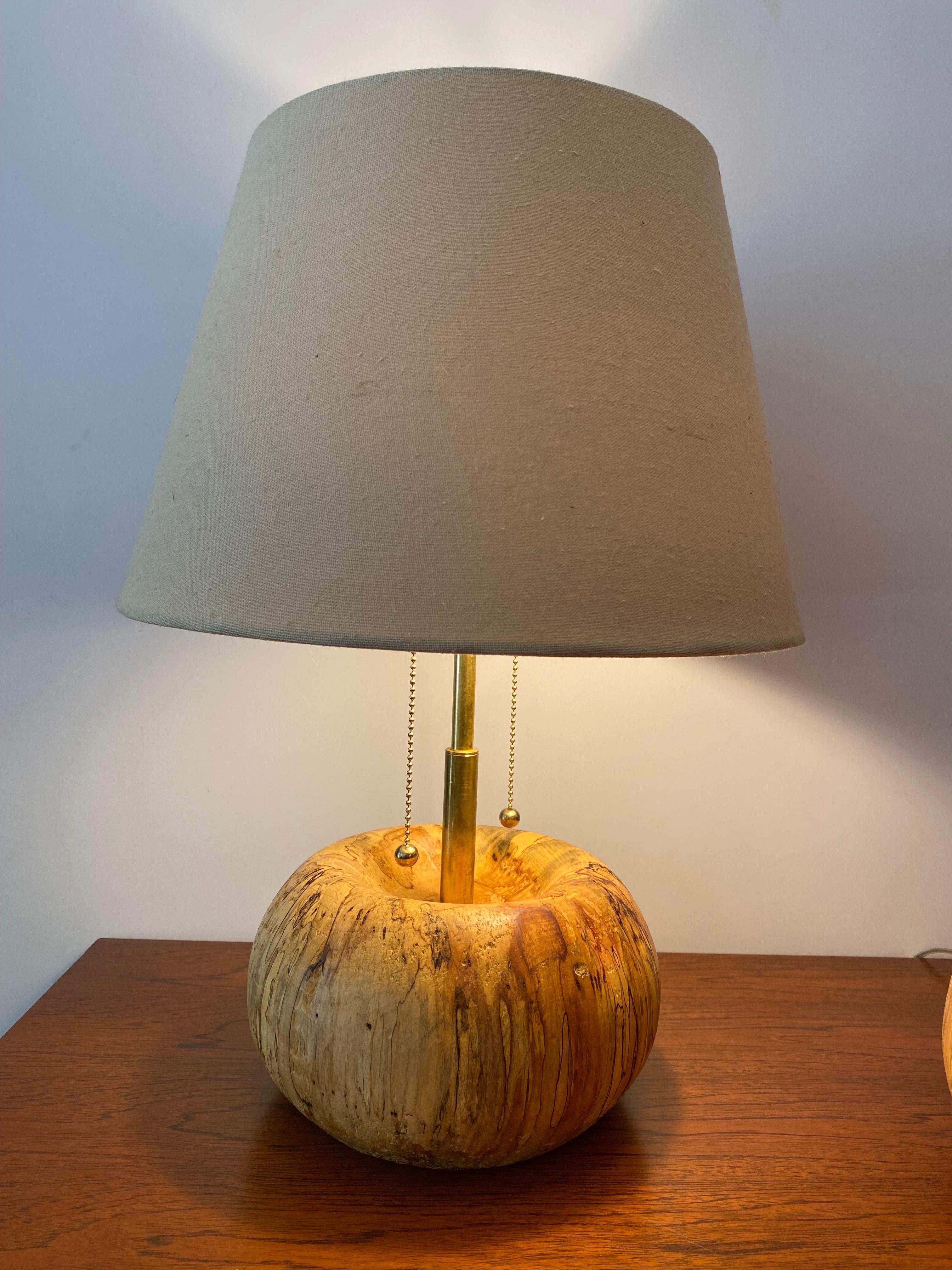 The bases of this pair of Morchella lamps are made from turned end-grain spalted maple. Spalting occurs when fungi invade and digest wood. The line patterns that form are called zone lines. These zone lines are barriers that fungal agents produce in