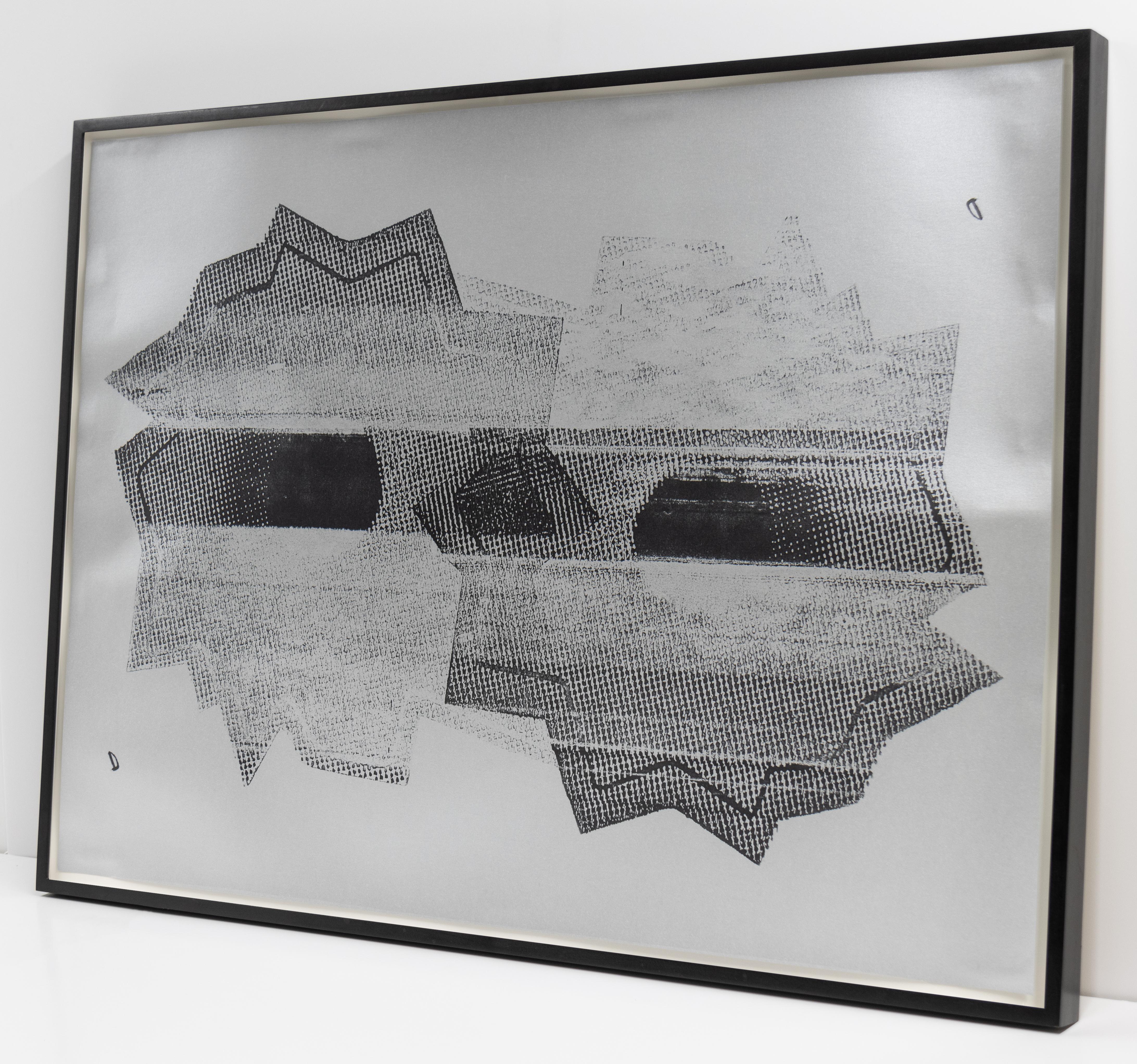 This is a screenprint on silver metallic paper of two abstracted bullet holes.

This artwork by Nate Lowman is offered by CLAMP in New York City.