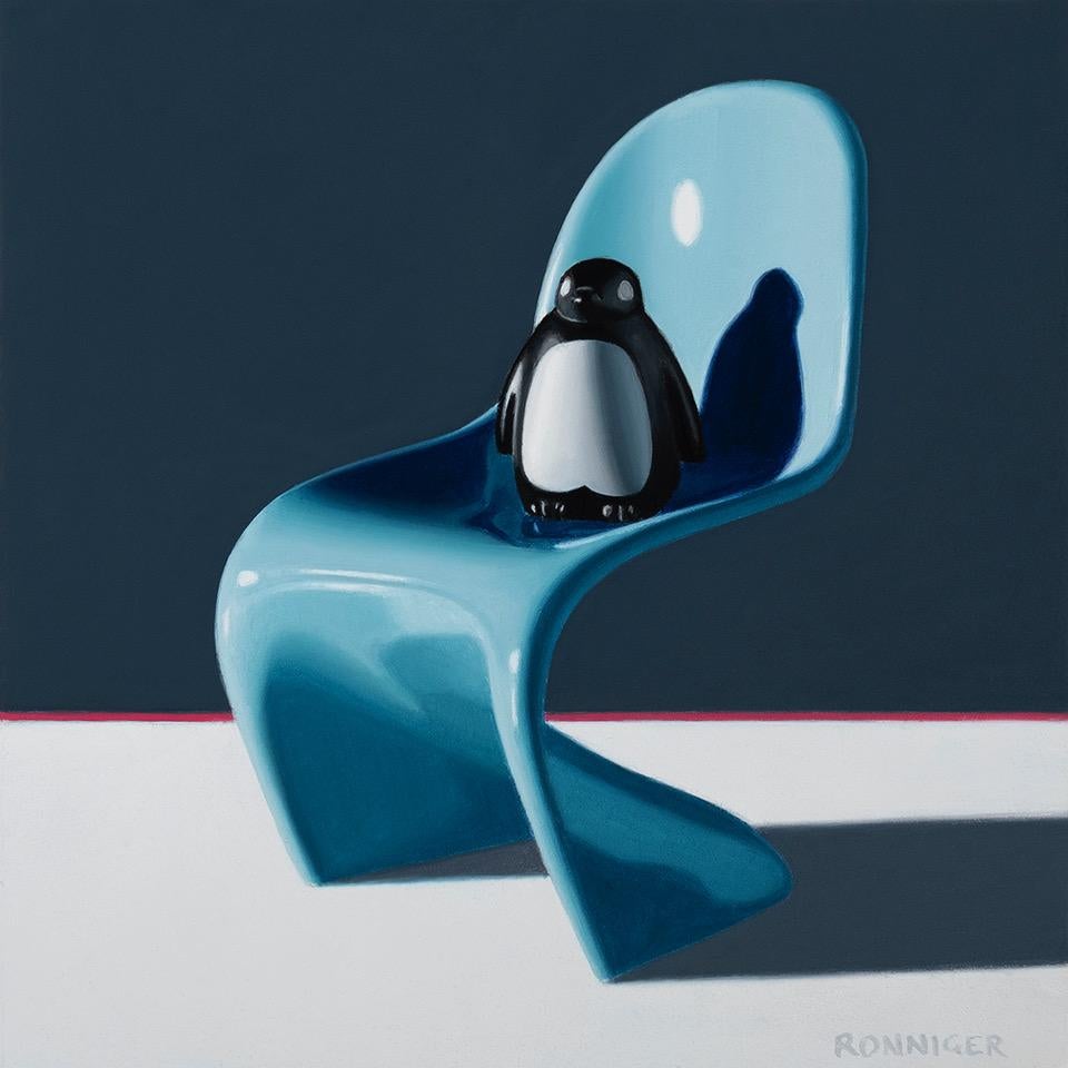 Nate Ronniger Still-Life Painting - Puppy the Penguin, Blue Panton Eames Chair