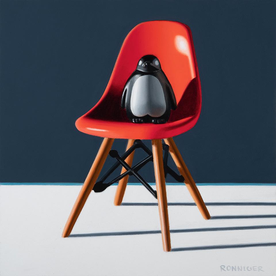 Nate Ronniger Still-Life Painting - Puppy the Penguin, Red Eames Chair