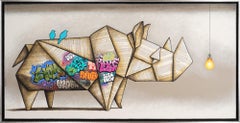 "Be On The Right Track" Contemporary Rhinoceros Mixed Media on Canvas with Frame
