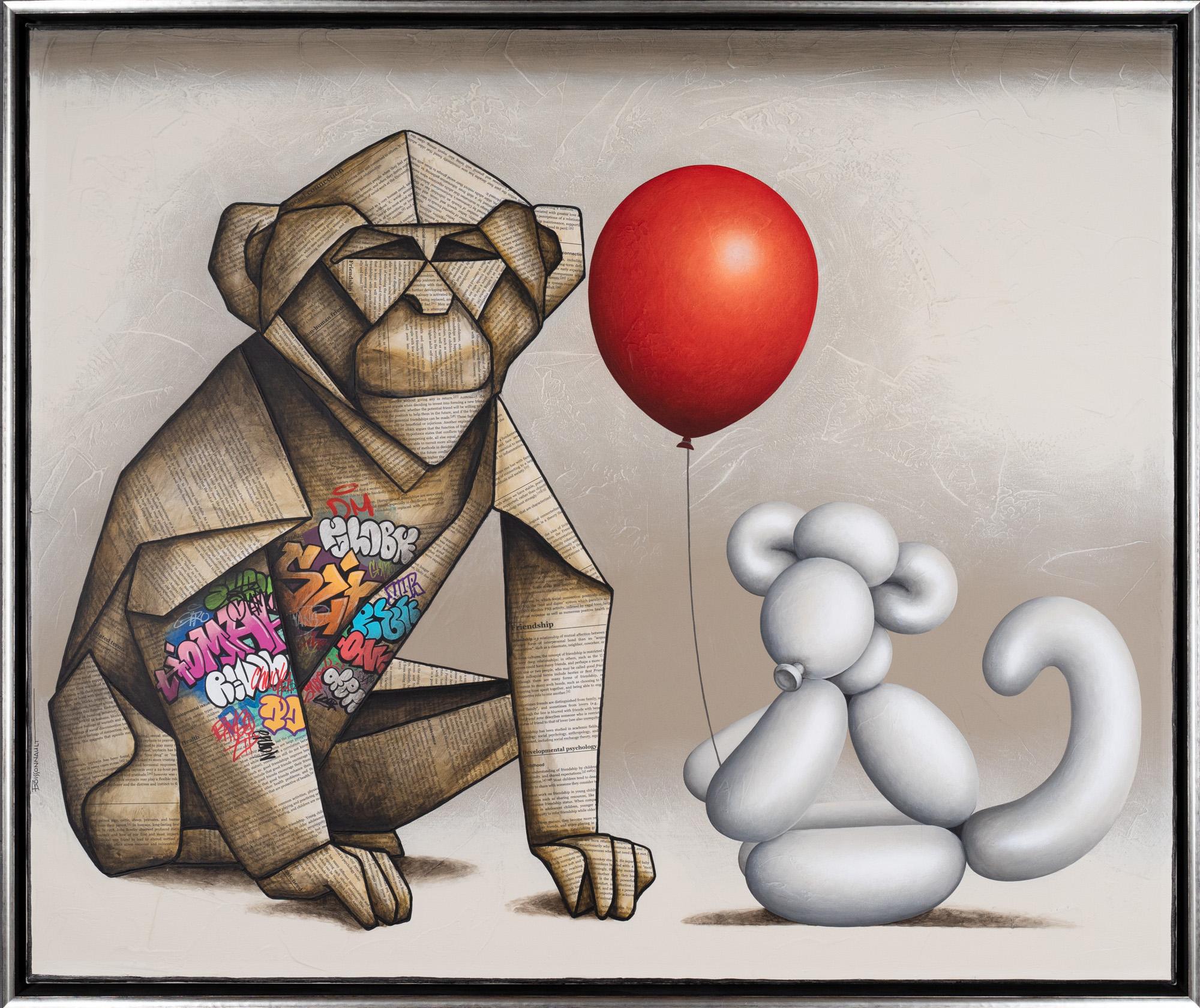 "Buddies" Scimmie palloncino origami contemporanee in tecnica mista su tela con cornice