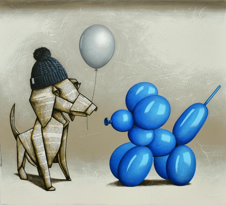Nathalie Boissonnault - « Fraternity », chien texturé en technique mixte  avec chien animal en forme de ballon bleu vif En vente sur 1stDibs