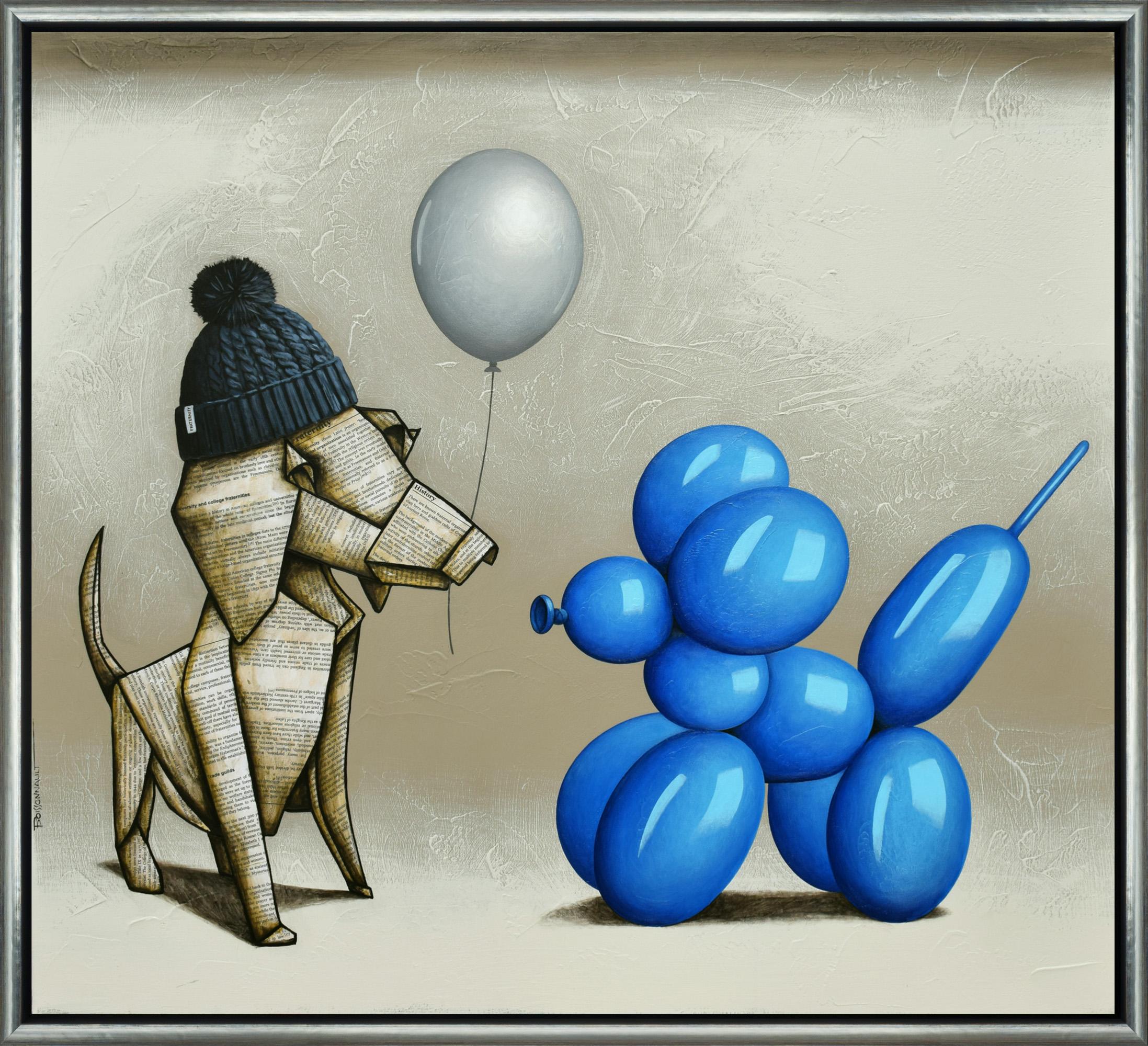 "Fraternity" Textured Mixed Media Dog with Bright Blue Balloon Animal Dog  - Mixed Media Art by Nathalie Boissonnault